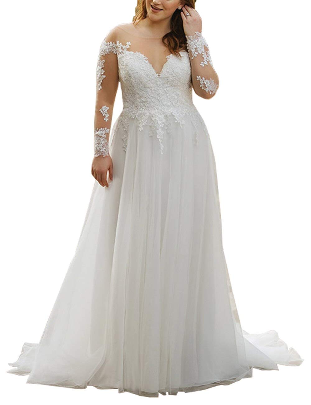 Mulanbridal Plus Size Beach Wedding Dresses - Elegant Lace Chiffon Bridal Gowns with Long Sleeves for Outdoor Ceremonies & Destination Weddings