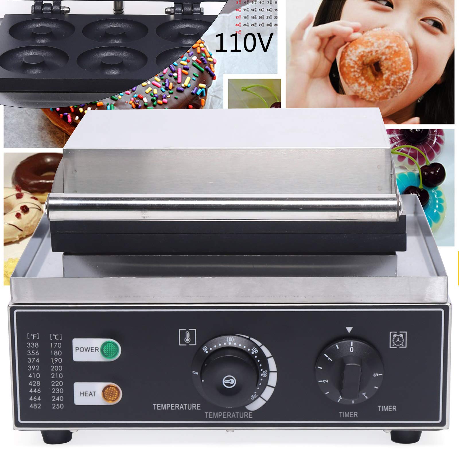 DYRABREST 110V Commercial Donut Maker Machine - 6 Holes Double-Sided Non-Stick Electric Doughnut Maker with 1550W - Perfect for Home Kitchen, Restaurants, Cafes & Shops - Make Cute Donuts, Mini Waffles & Breakfast Pastries
