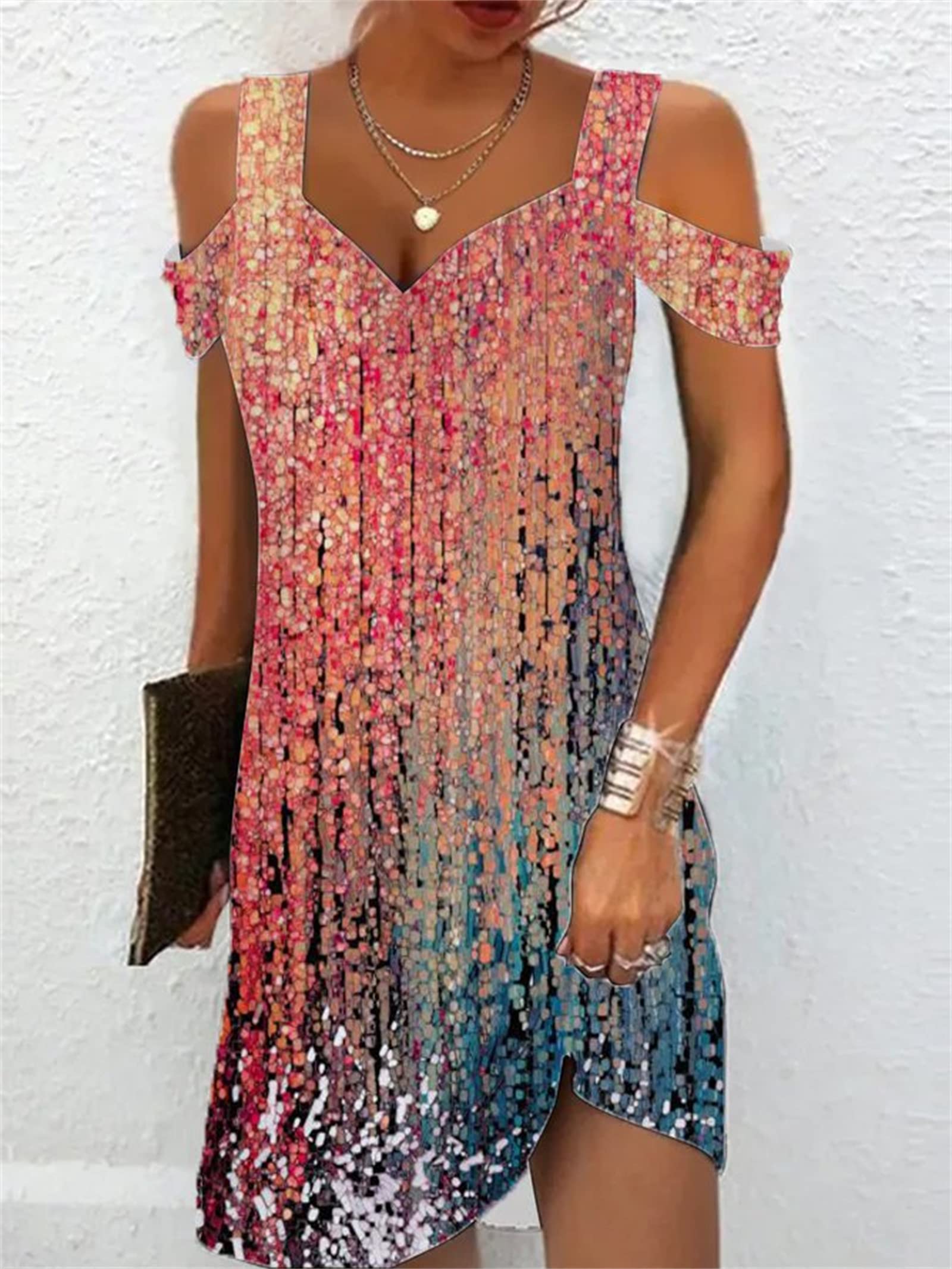 Trendy 2025 Women's Summer Casual Cold Shoulder Boho Dress - Floral Ethnic Tribal Marble Print V-Neck Mini Dress for Beach Vacation, Music Festival & Date Night
