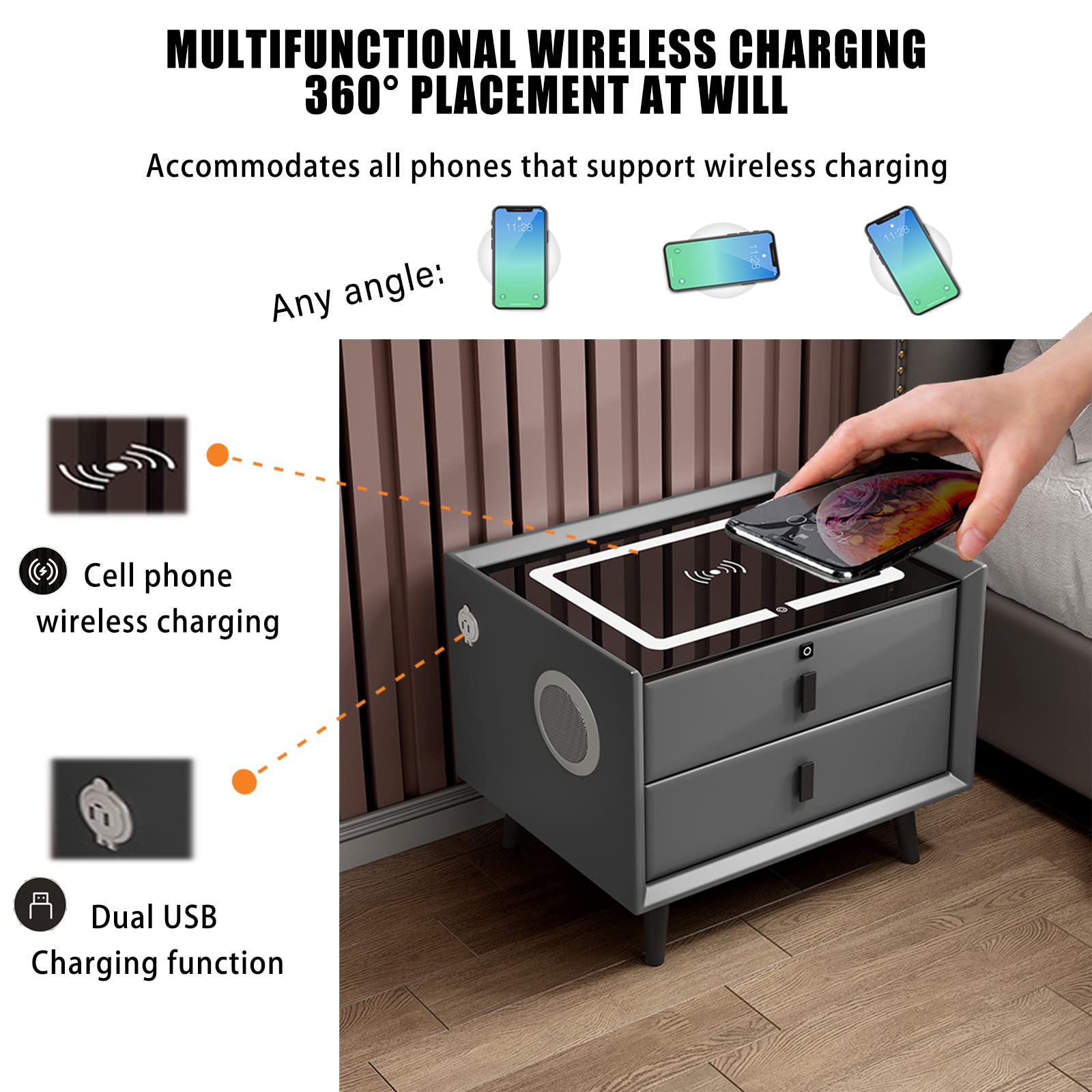 Smart Bedside Table with Wireless Charger, Fingerprint Lock & LED Lights - 3-Drawer Modern Nightstand with Bluetooth Speakers & USB Ports for Bedroom, Living Room - Pink