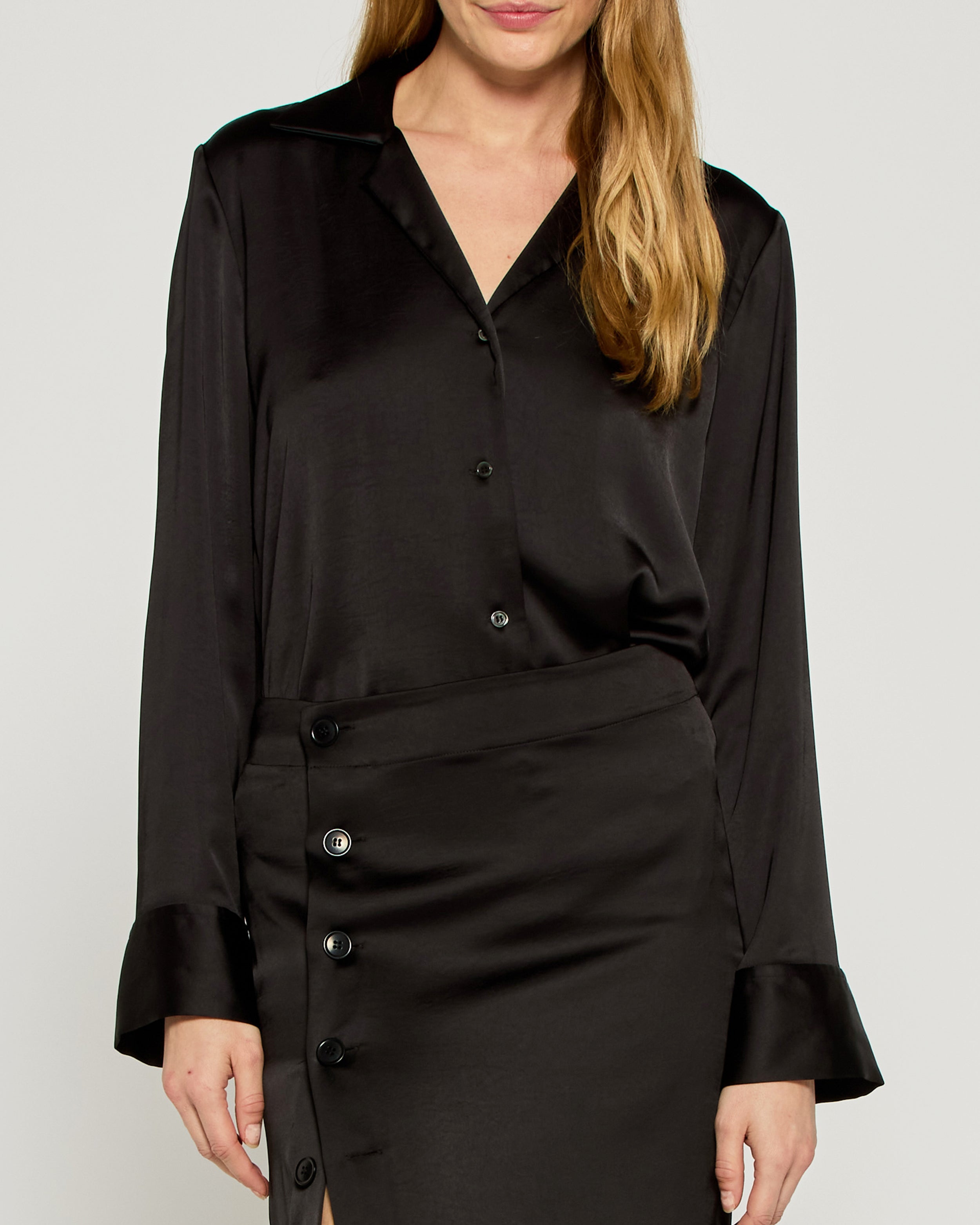 Elegant Black Satin Revere Collar Shirt for Women - Formal & Casual Wear - Perfect for Office, Parties & Special Occasions