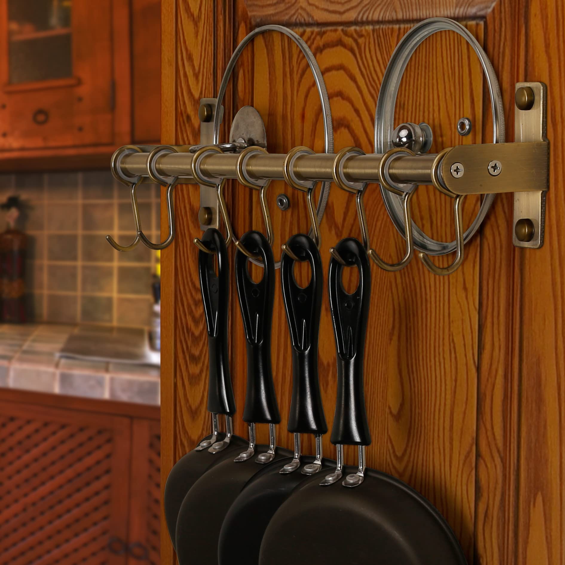 DSEAP Bronze Wall Mounted Pot Rack with 8 Hooks & Double Bars - Space Saving Kitchen Organizer for Pots, Pans & Utensils (Pack of 2) - Perfect for Small Kitchens, RVs & Apartments