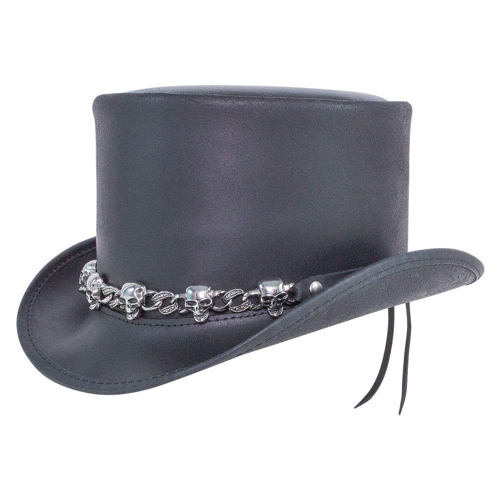 American Hat Makers El Dorado Leather Top Hat with 5 Skull Band - 3X-Large Size | Premium Western Cowboy Hat for Men | Perfect for Halloween Costumes, Steampunk Fashion & Wild West Events