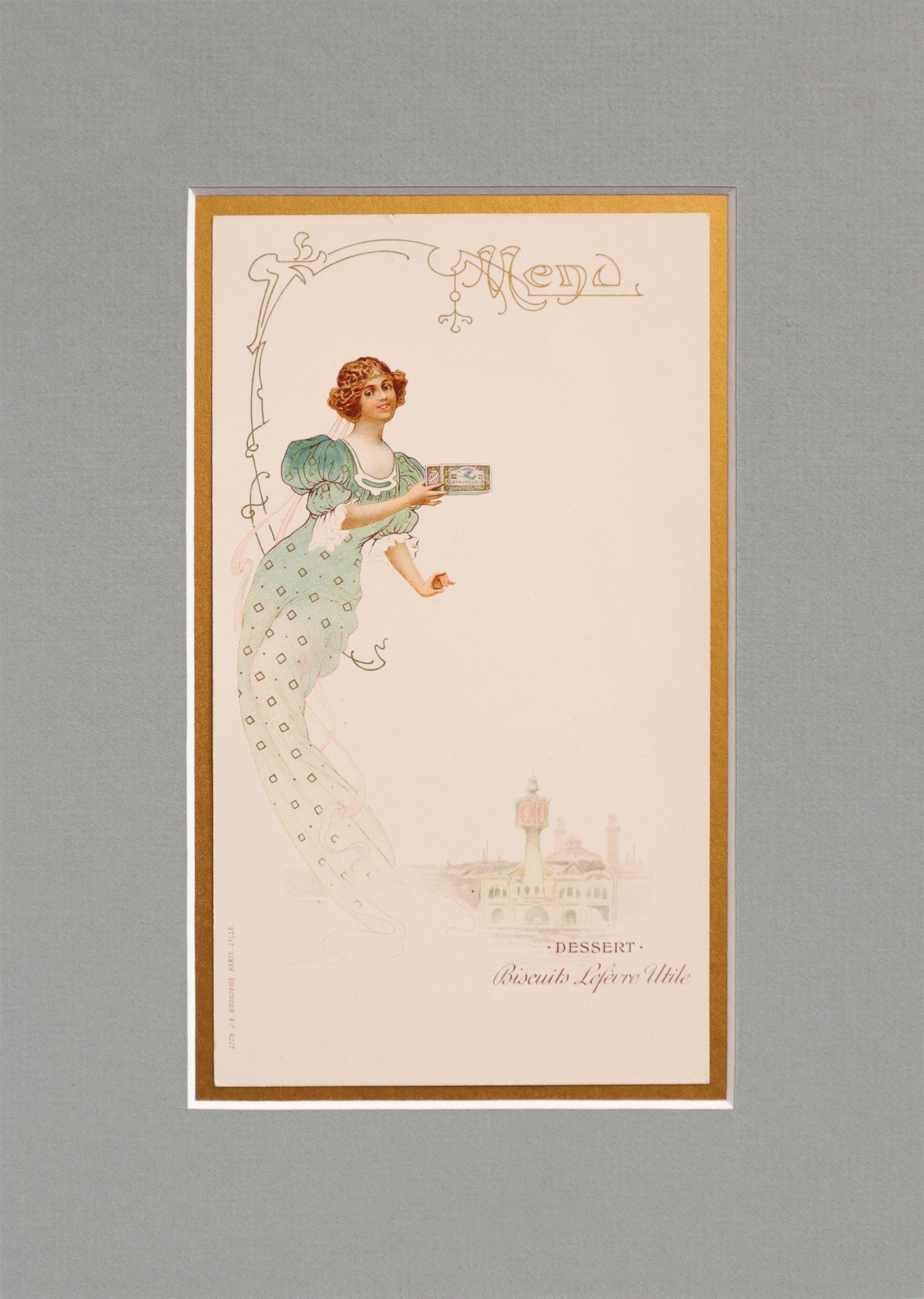 1900 Original French Advertising Menu - Vintage Mucha Art Print with Woman in Green Dress - Matted & Framed for Home Decor, Office, or Gift - Perfect for Art Lovers & Collectors
