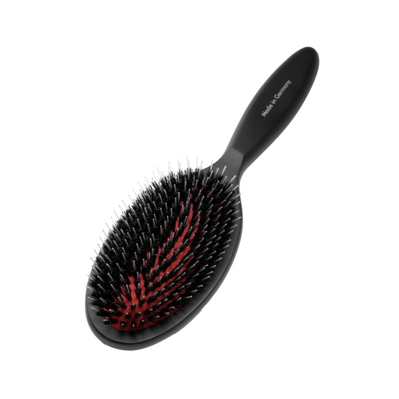 Tauro Pro Line Hair Brush - Beech Wood Handle with 0.6 Inch Boar Bristles & Nylon Teeth - Black Oval Hairbrush for Smoothing, Detangling & Styling - Perfect for Home, Salon & Travel Use