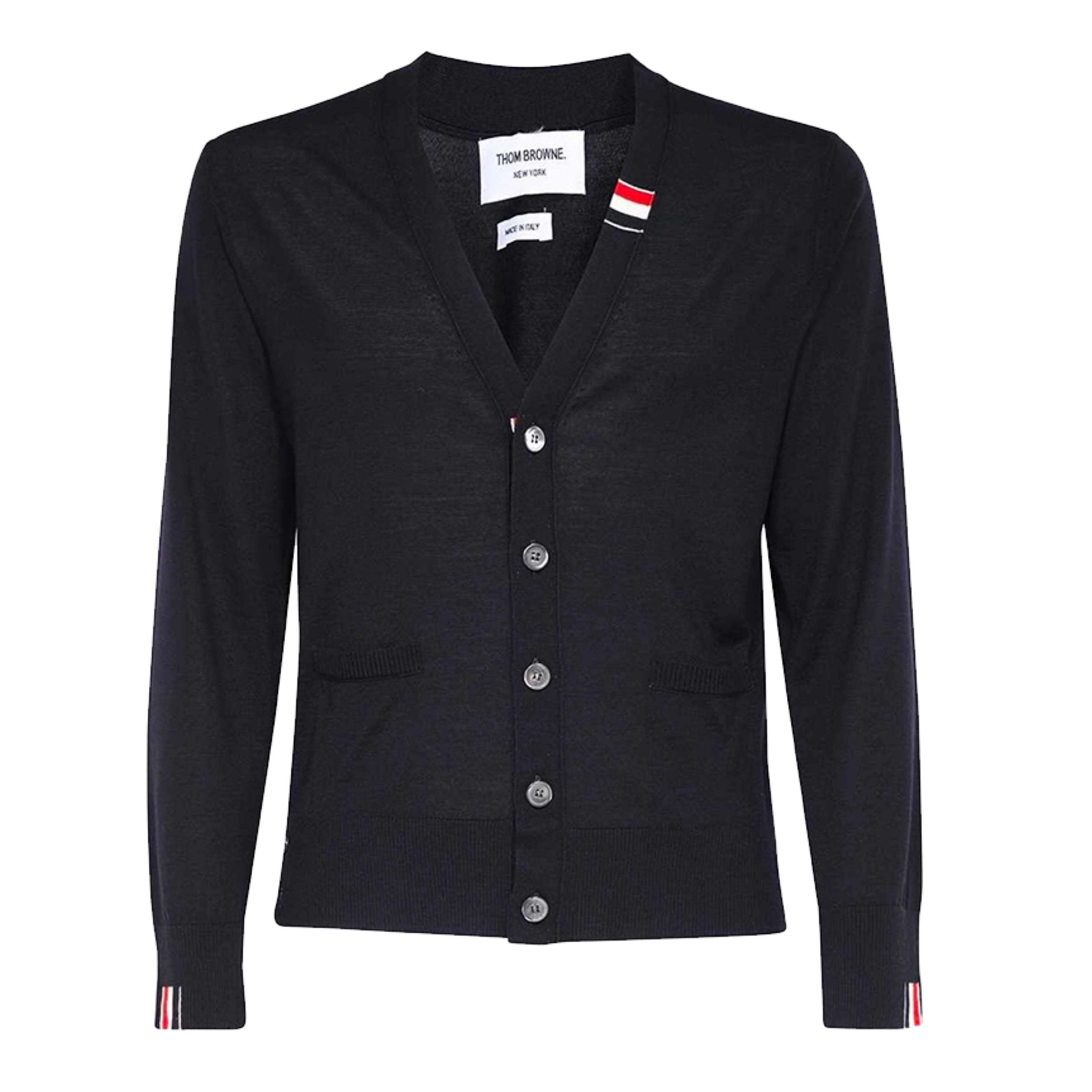 THOM BROWNE Relaxed Fit V-Neck Cardigan - Fine Merino Wool Jersey Stitch Sweater with RWB Stripes | Perfect for Office Wear, Casual Outfits & Layering in Fall/Winter