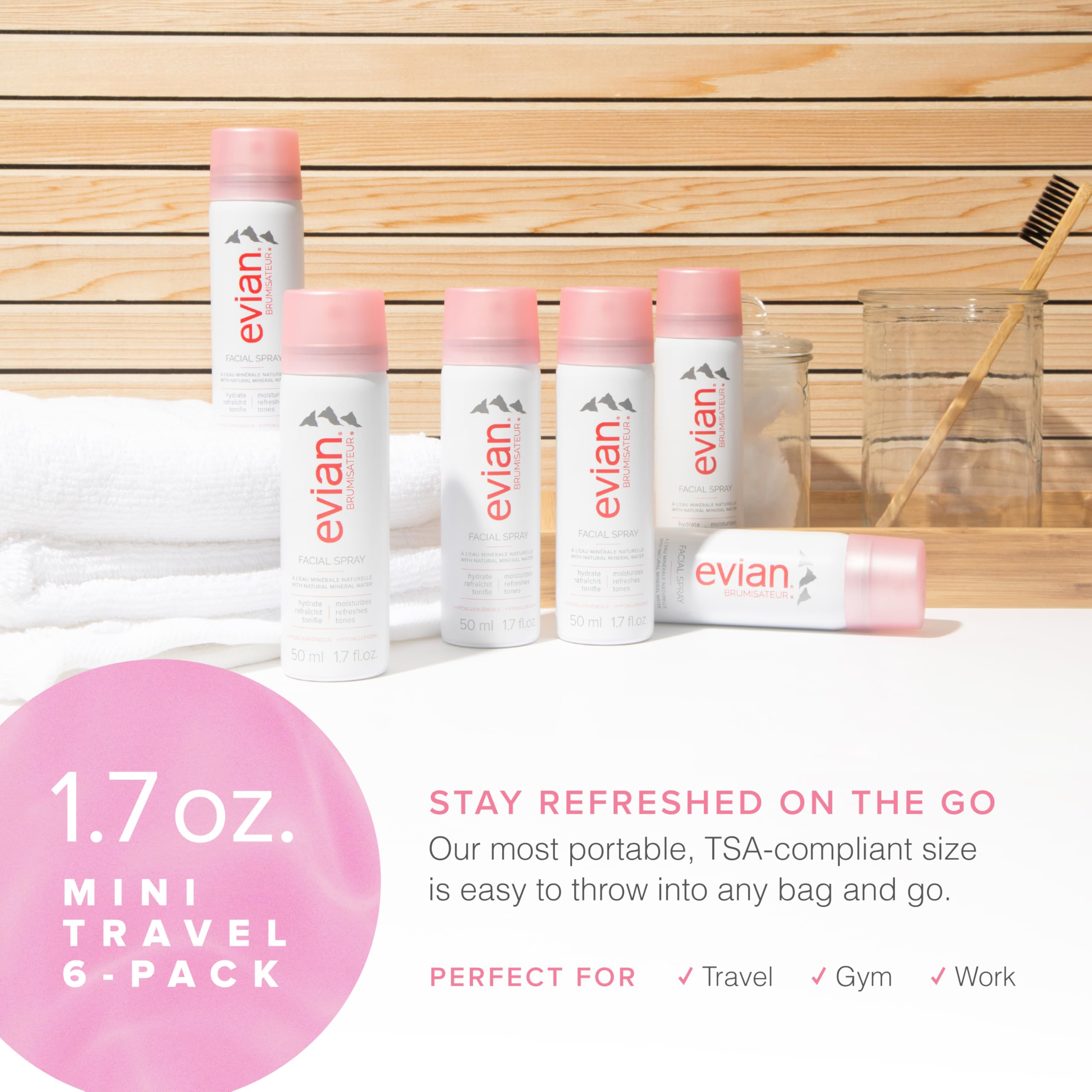 Evian Facial Spray 1.7 oz - Mineral Water Face Mist for Hydration & Refreshment - Perfect for Travel, Gym & On-The-Go Skincare