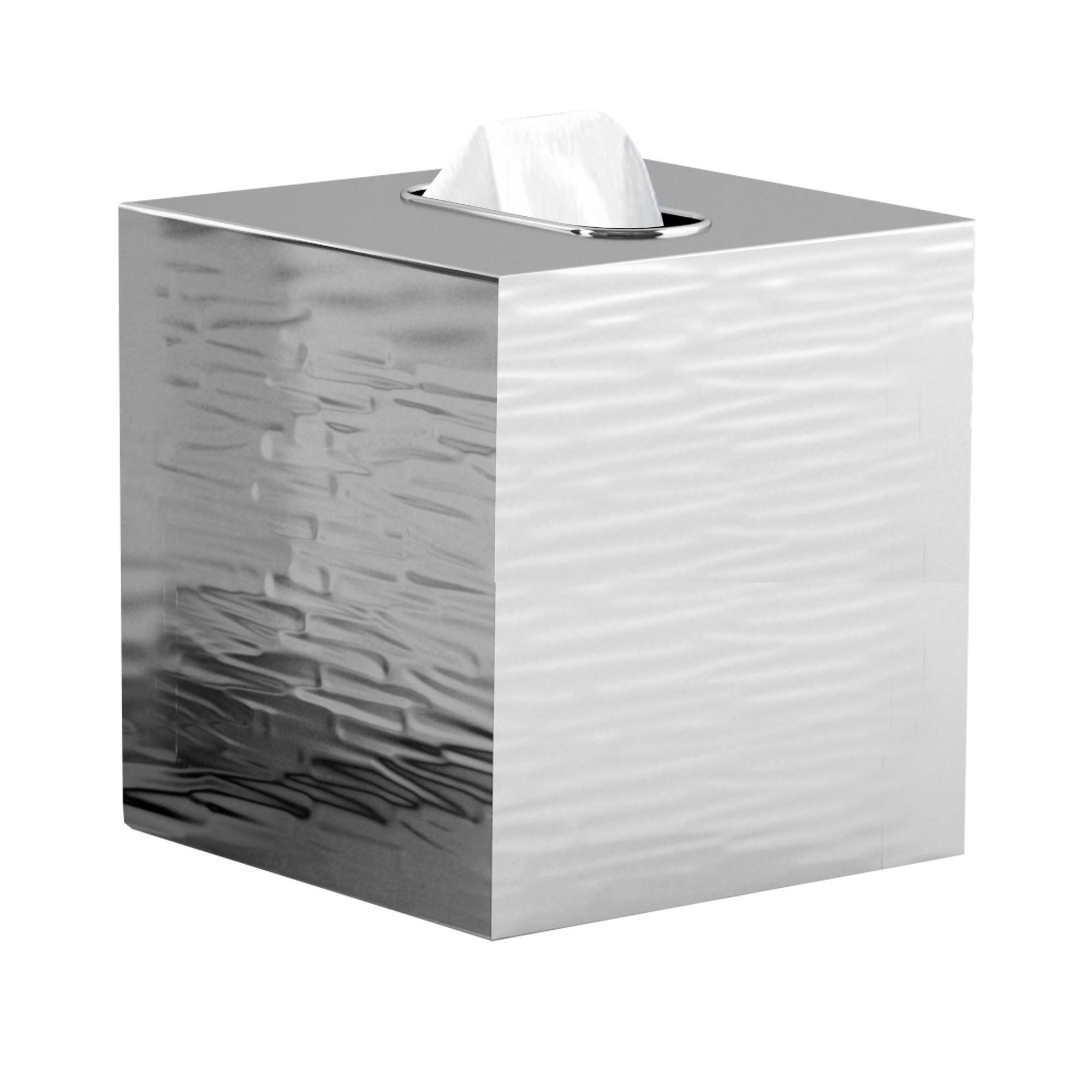 Stainless Steel Square Facial Tissue Box Cover - Modern Metal Tissue Holder for Bathroom Vanity, Bedroom Dresser, Nightstand, Desk & Table Decor (Shiny/Hammered Finish) - Perfect for Home, Office & Hotel Use