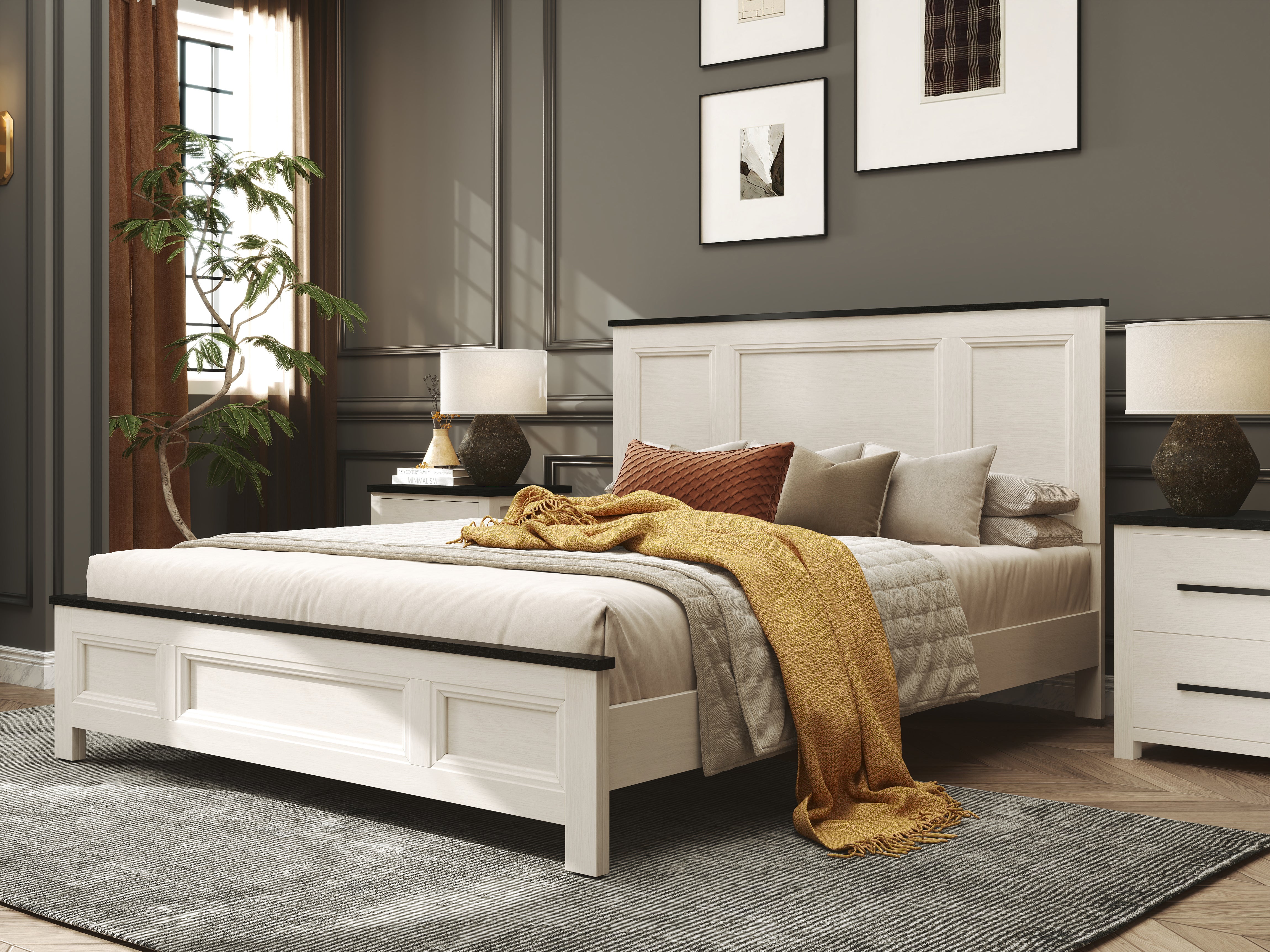 Roundhill Furniture Realynn Wood Bedroom Collection - Queen Size Bed Frame, Nightstand & Dresser Set in Off White Finish | Modern Farmhouse Style for Master Bedroom & Guest Room Decor