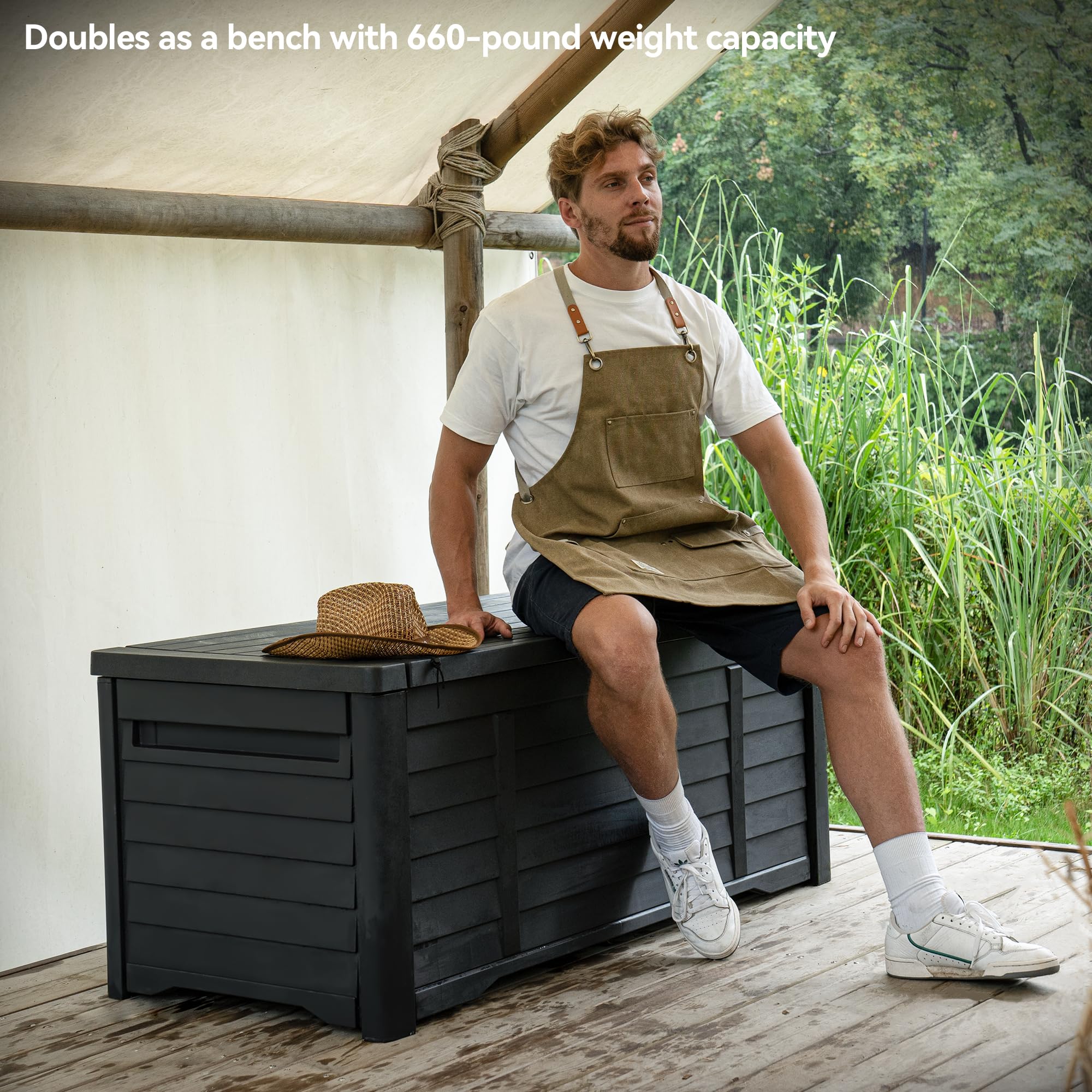 DWVO 120 Gallon Large Deck Box - Waterproof Outdoor Storage Container for Patio, Garden & Pool Supplies | Extra Large Resin Storage Bin with Lockable Lid | Ideal for Storing Pillows, Tools & Outdoor Equipment | Black