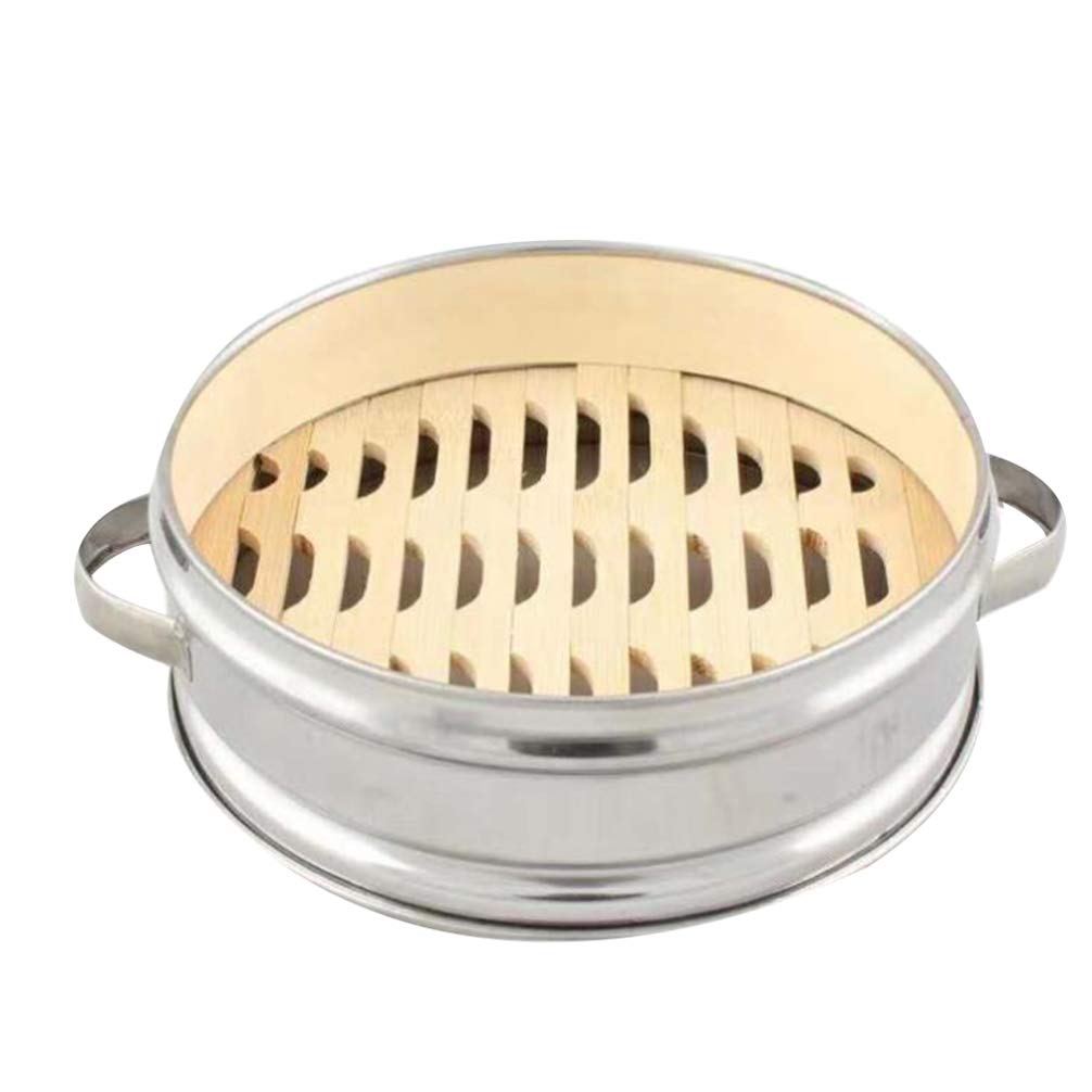 Yardwe 24cm Bamboo Steamer with Stainless Steel Steam Rack - Portable 2-Handle Steamer Box for Buns, Dumplings, Vegetables, Fish & Rice | Perfect for Asian Cooking, Healthy Meals & Party Food Prep (Khaki)