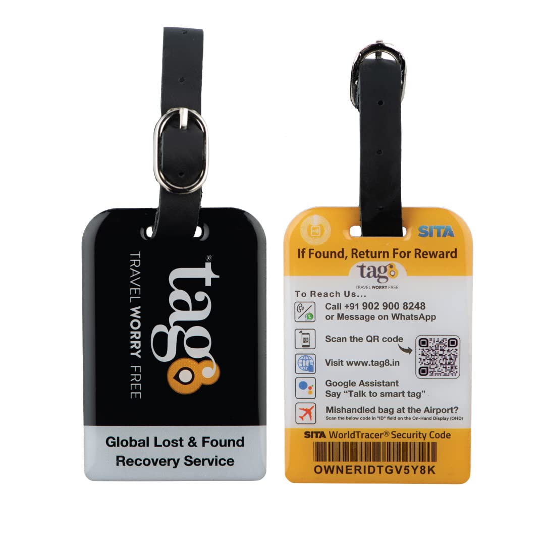 Tag8 Bag Security Luggage Tag with Airport Tracer Code - Durable Suitcase & Travel Bag Tags for Safety | Perfect Travel Accessory to Prevent Lost Luggage | Ideal for Airports, Hotels & Business Trips