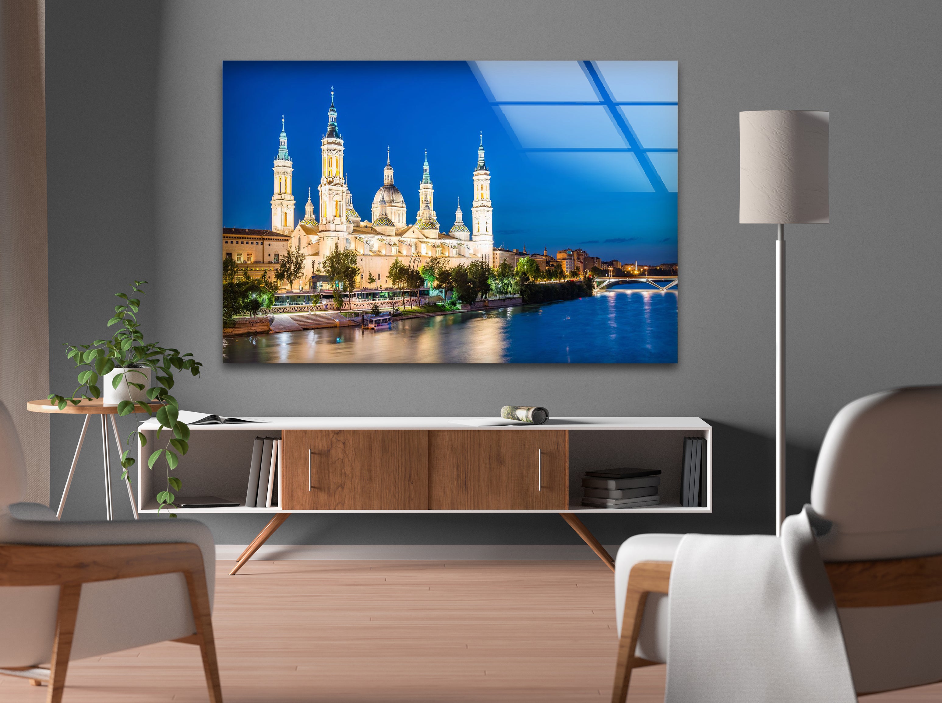 Basilica del Pilar Glass Wall Art - Stunning Night View of Zaragoza's Iconic Landmark | Religious Home Decor & Spanish Souvenir Gift for Travel Lovers