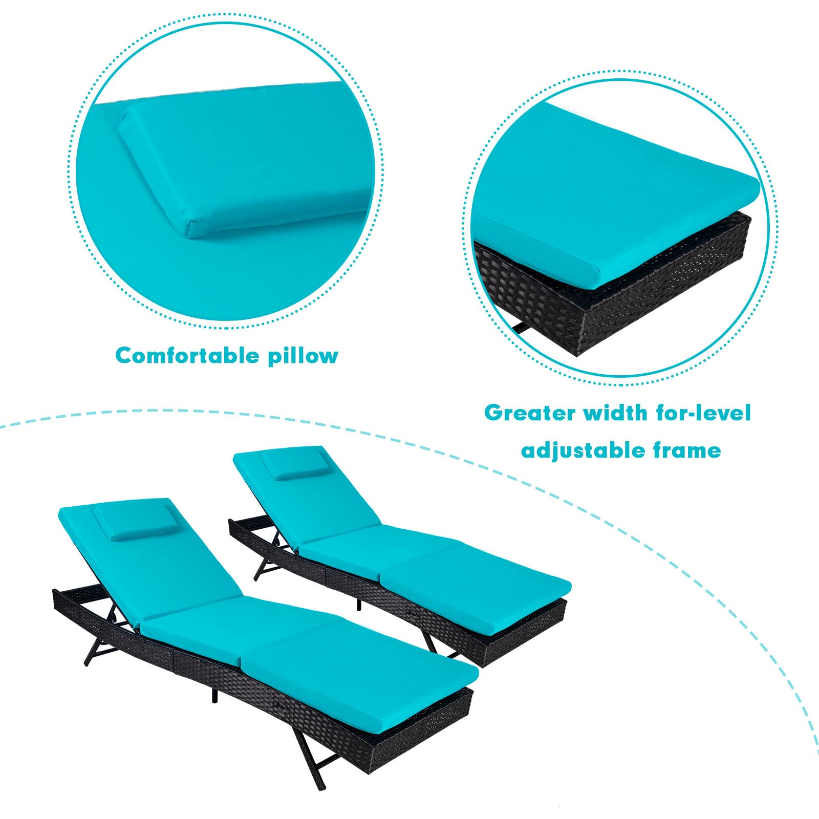 2-Piece Outdoor Patio Chaise Lounge Chairs Set - Adjustable Wicker Furniture with Thick Blue Cushions - Perfect for Poolside, Backyard, Garden Relaxation and Sunbathing