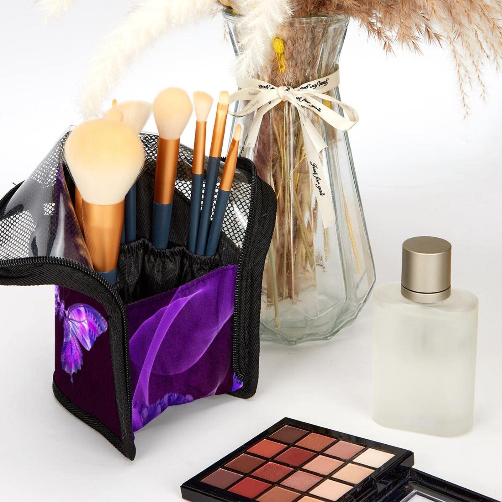 12-Piece Makeup Brush Organizer Bag with Purple Butterflies & Flowers Design - Portable Cosmetic Brush Holder Case for Travel, Home & Professional Makeup Artists