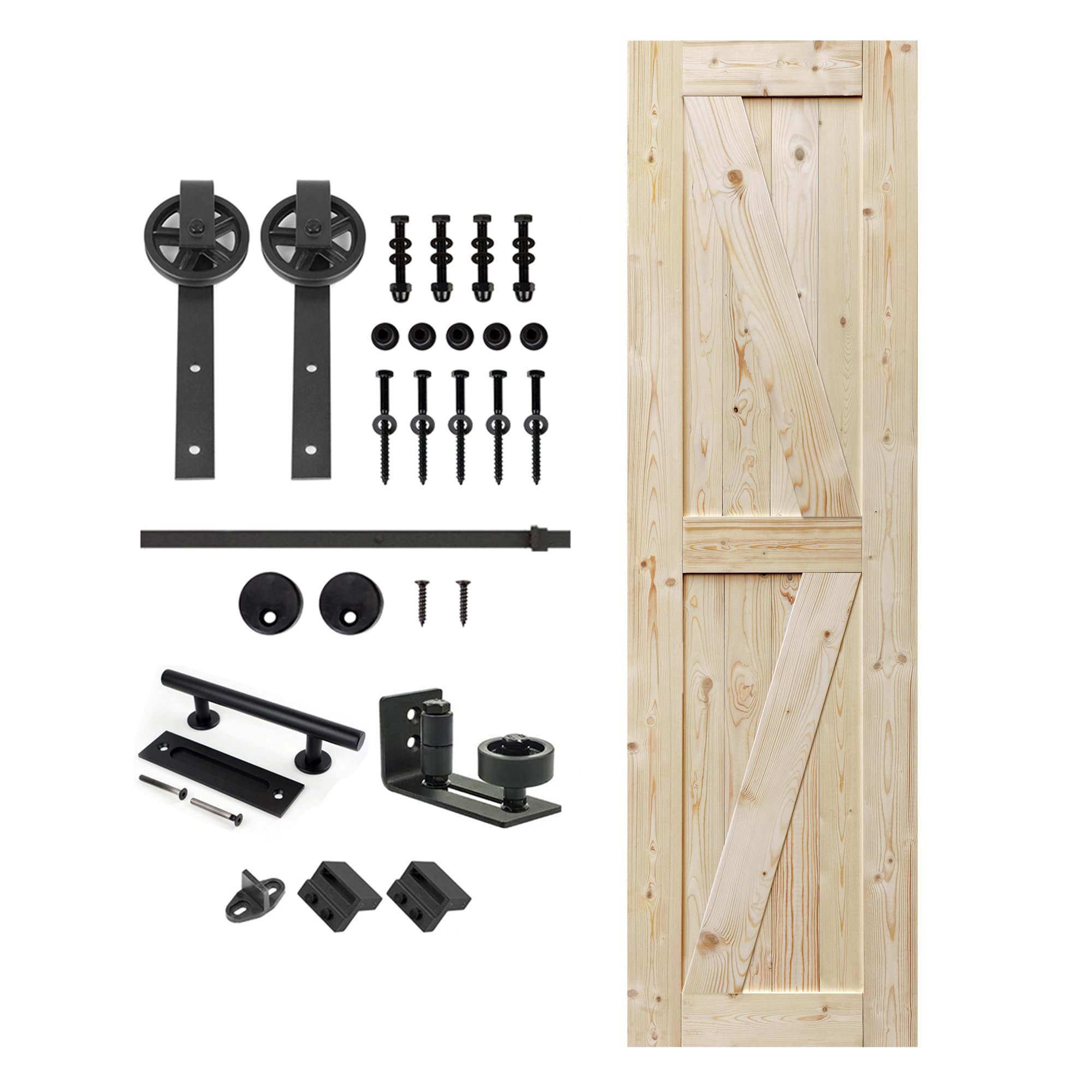 20x84 Inch Unfinished British Brace Knotty Barn Door with 4FT Sliding Hardware Kit - Solid Wood Sliding Door for Bedroom & Living Room - Easy Assembly Double Surface Design (Includes Big Wheels)