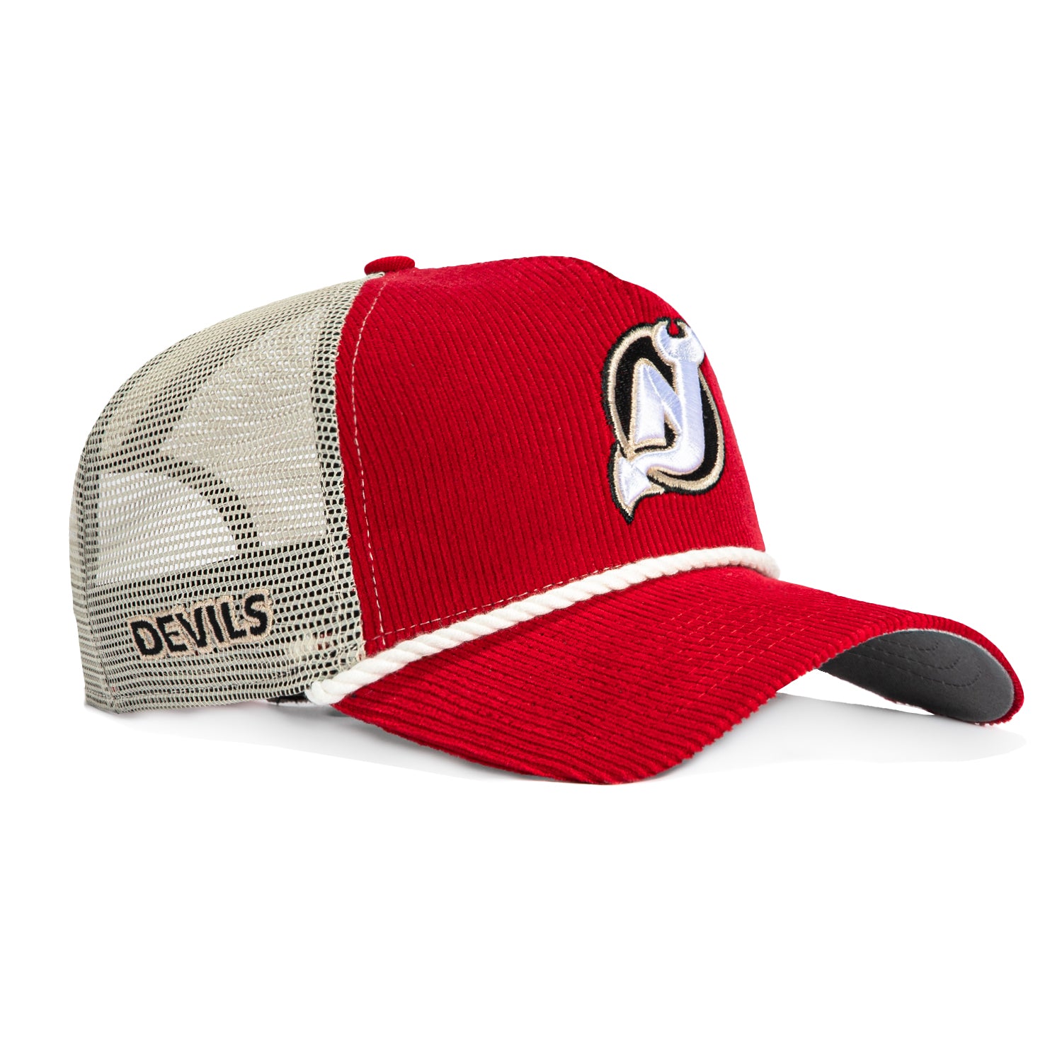 New Era 9Forty A-Frame Corduroy Rope Snapback Trucker Hat with New Jersey Devils Logo Patch - Red & Stone | Official MLB Licensed Cap for Baseball Fans, Streetwear Fashion & Casual Outfits