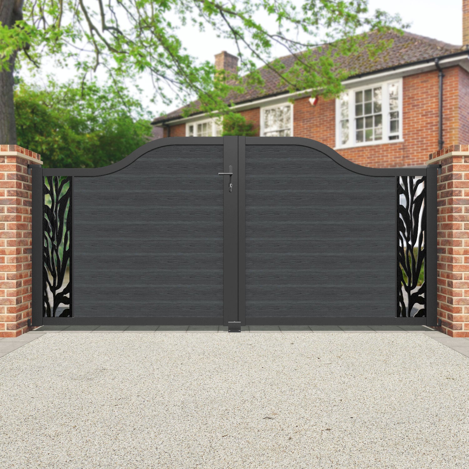 Classic Malawi Curved Top Driveway Gate - Dark Grey Wrought Iron End Screen - Perfect for Home Security & Curb Appeal