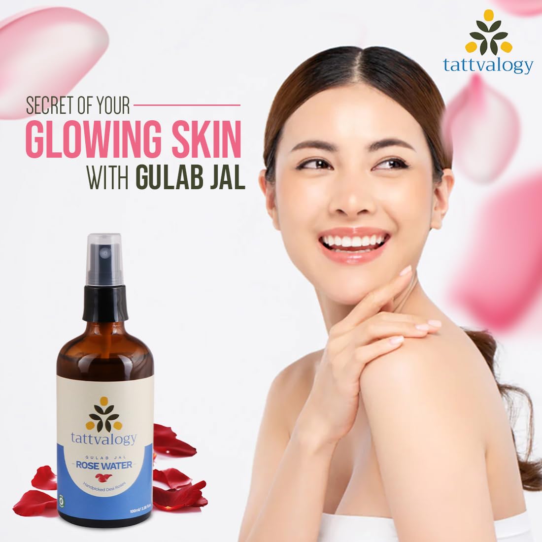 Tattvalogy Pure Rose Water (Gulab Jal) - 100% Natural Hydro Distilled Facial Toner for Skin Cleansing & Hydration | Alcohol-Free, Fragrance-Free | Glass Bottle 100ml | Perfect for Daily Skincare, Makeup Removal & Soothing Irritated Skin