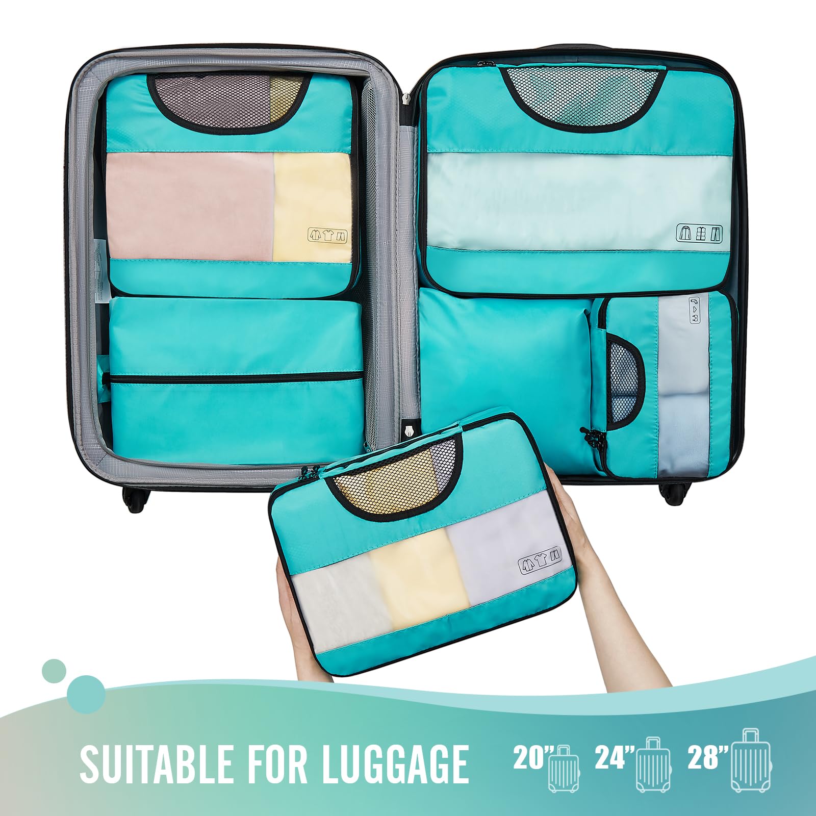 Veken 6-Piece Packing Cubes Set for Suitcases - Travel Organizer Bags with 4 Sizes (XL, L, M, S) - Lightweight Luggage Organizers for Carry-On Bags - Perfect for Business Trips, Vacations & Weekend Getaways - Cyan