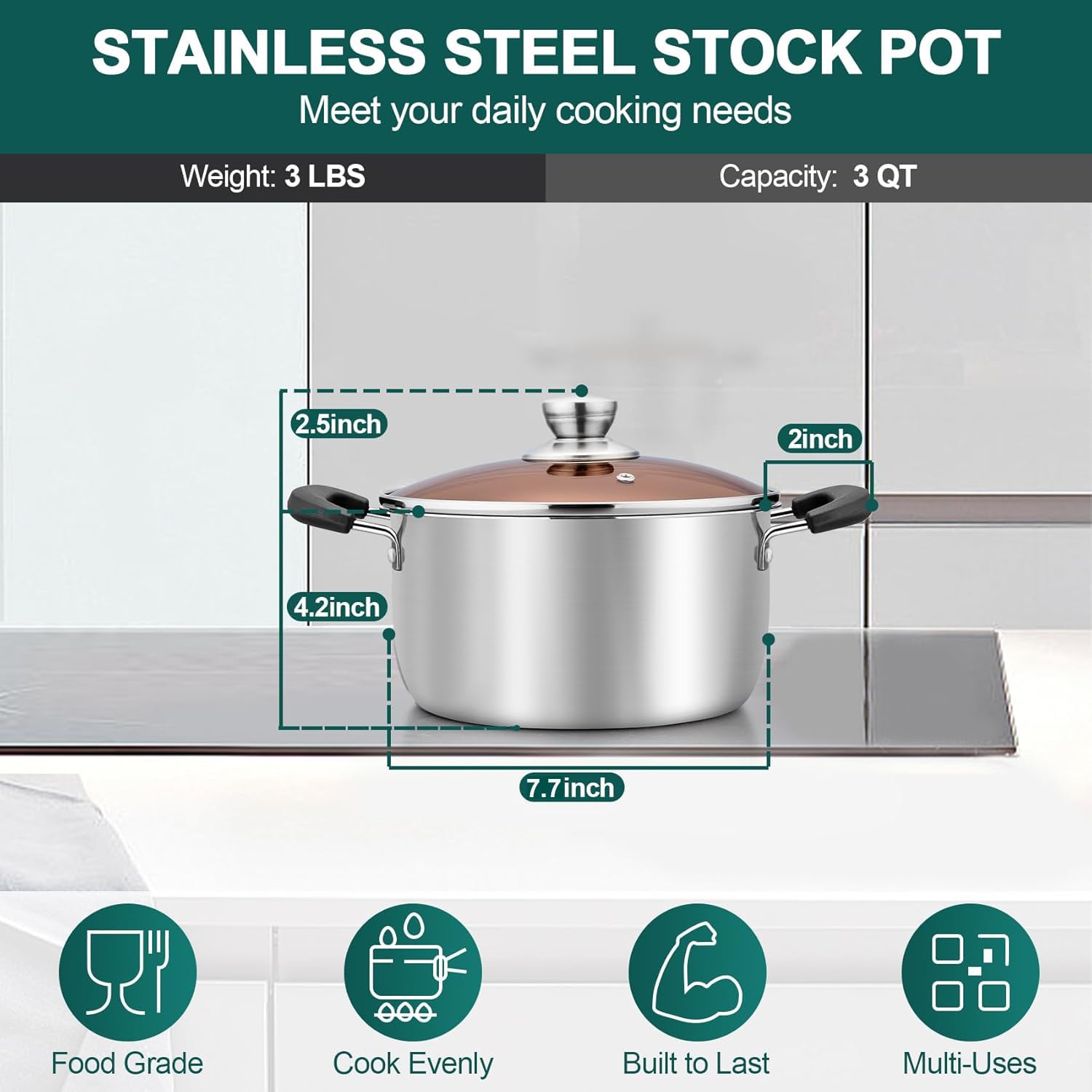 TeamFar 3 Quart Stainless Steel Stock Pot with Tempered Glass Lid - Heavy Duty Pasta & Soup Cooking Pot, Double Heat-Proof Handles, Non-Toxic, Dishwasher Safe - Perfect for Home Kitchen, Camping & Meal Prep