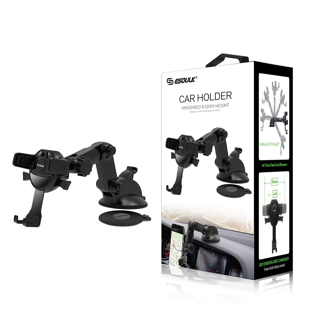 ESOULK Universal Car Phone Mount - Windshield & Dashboard Holder for iPhone, Samsung, Smartphones - Hands-Free Driving, GPS Navigation, Safe & Secure Phone Stand