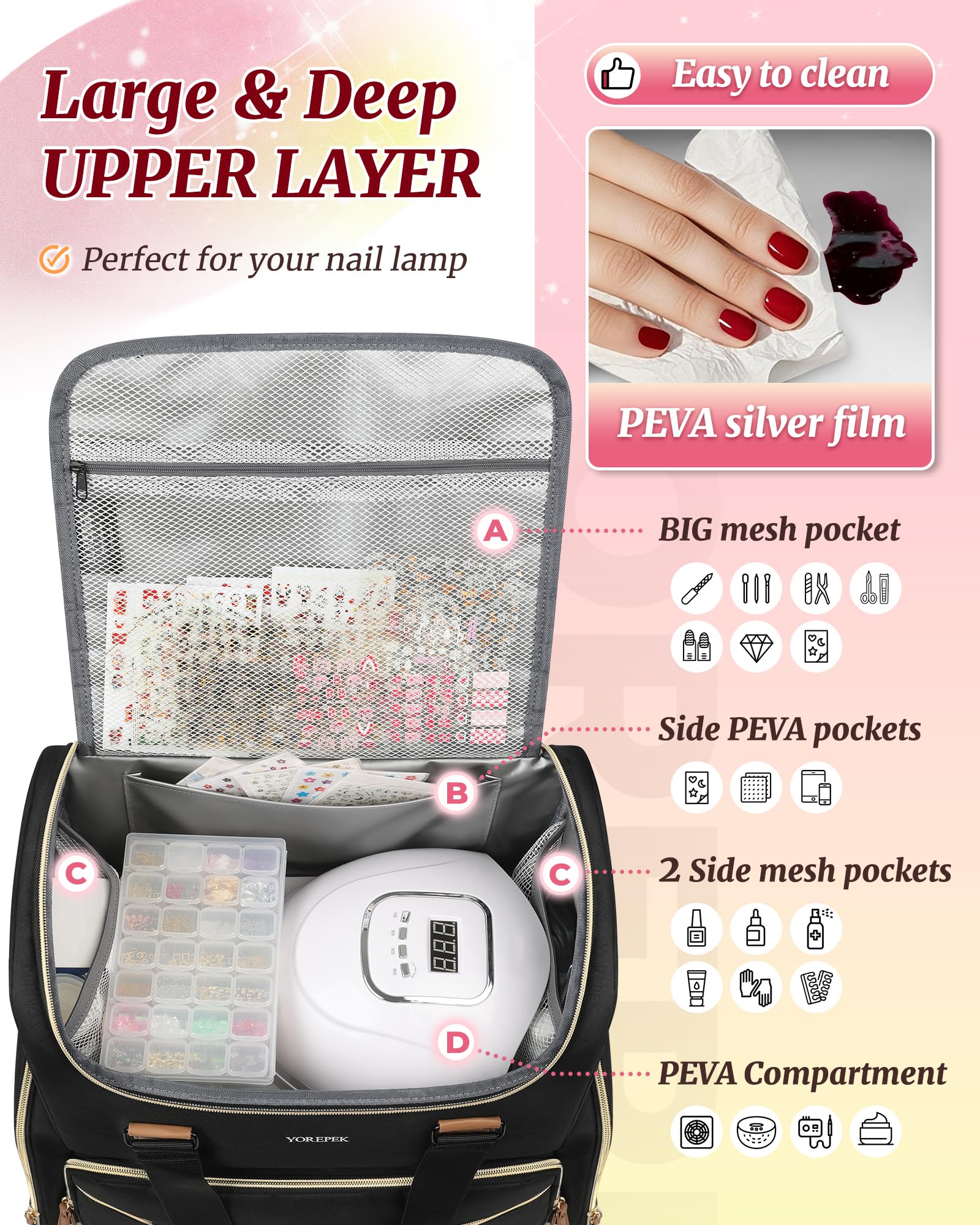 YOREPEK Extra Large Nail Polish Organizer Backpack - Holds 96-100+ Bottles (15ml/0.5oz) with UV Nail Lamp & 2 Removable Pouches - Professional Nail Technician Storage Case - Perfect for Salon, Travel & Home Manicure Organization