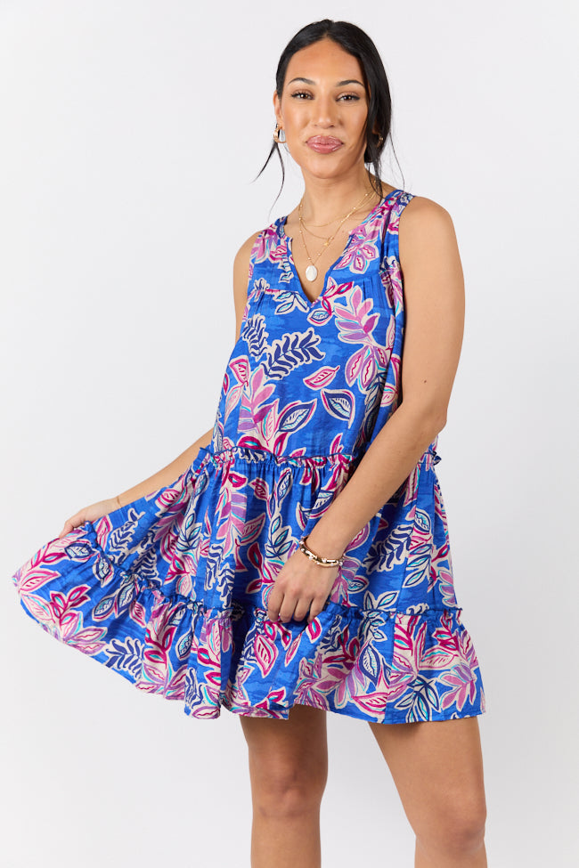 Loose Fit Blue Floral Print Tank Shirt Dress for Women - Summer Beach Cover Up, Casual Outfit & Boho Style Dress