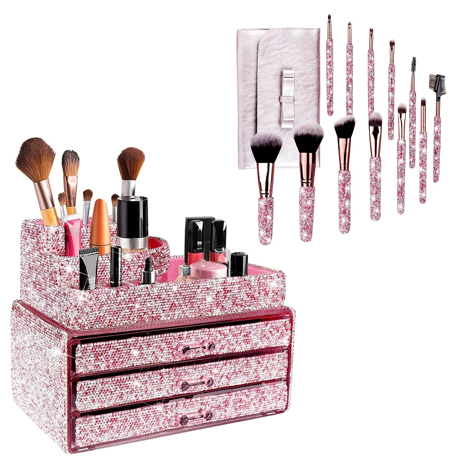 KEYPOWER Bling Rhinestone Makeup Organizer with 12PCS Makeup Brushes & Pouch Bag - Pink Cosmetic Jewelry Storage Drawer for Vanity, Bathroom & Travel Organization