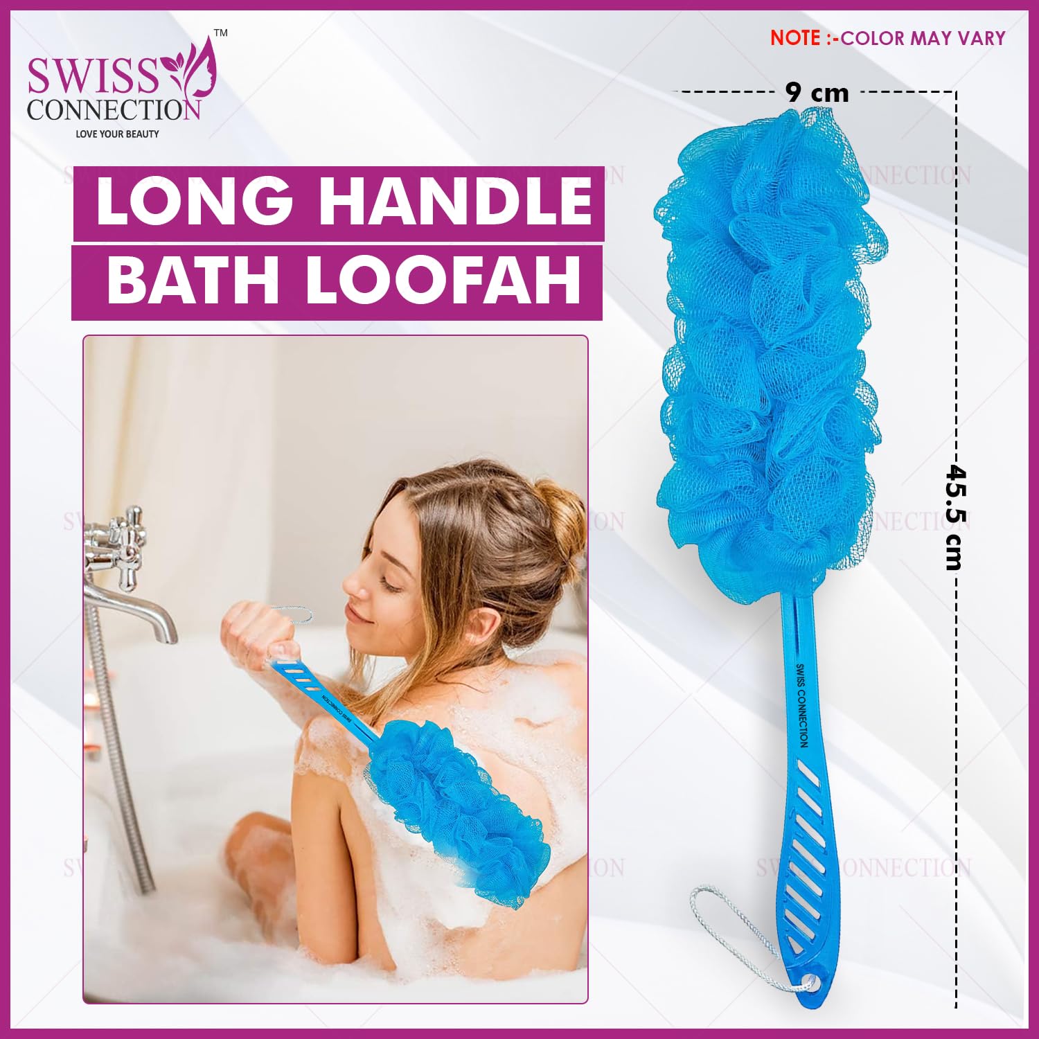 Swiss Connection Long Handle Loofah Back Scrubber - Gentle Exfoliating & Efficient Cleaning Bath Sponge for Men & Women - Easy to Clean, Multi-Color (Pack of 2) - Perfect for Shower, Spa, and Daily Body Care Routine