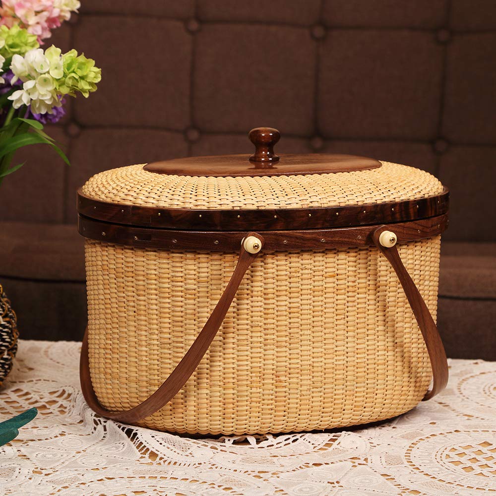 Handmade Nantucket Style Rattan Picnic Basket with Two Swing Handles - Woven Sewing Storage Tote Bag for Women | Perfect for Beach Outings, Picnics, and Home Decor