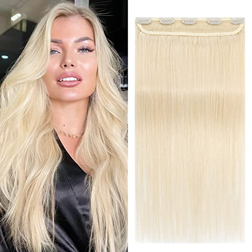 Benehair Clip-in Human Hair Extensions - 16 Inch Platinum Blonde Real Human Hair Weft with 5 Clips for Women with Thinning Hair - 3/4 Full Head Coverage for Volume & Length - Perfect for Daily Wear, Parties & Special Occasions