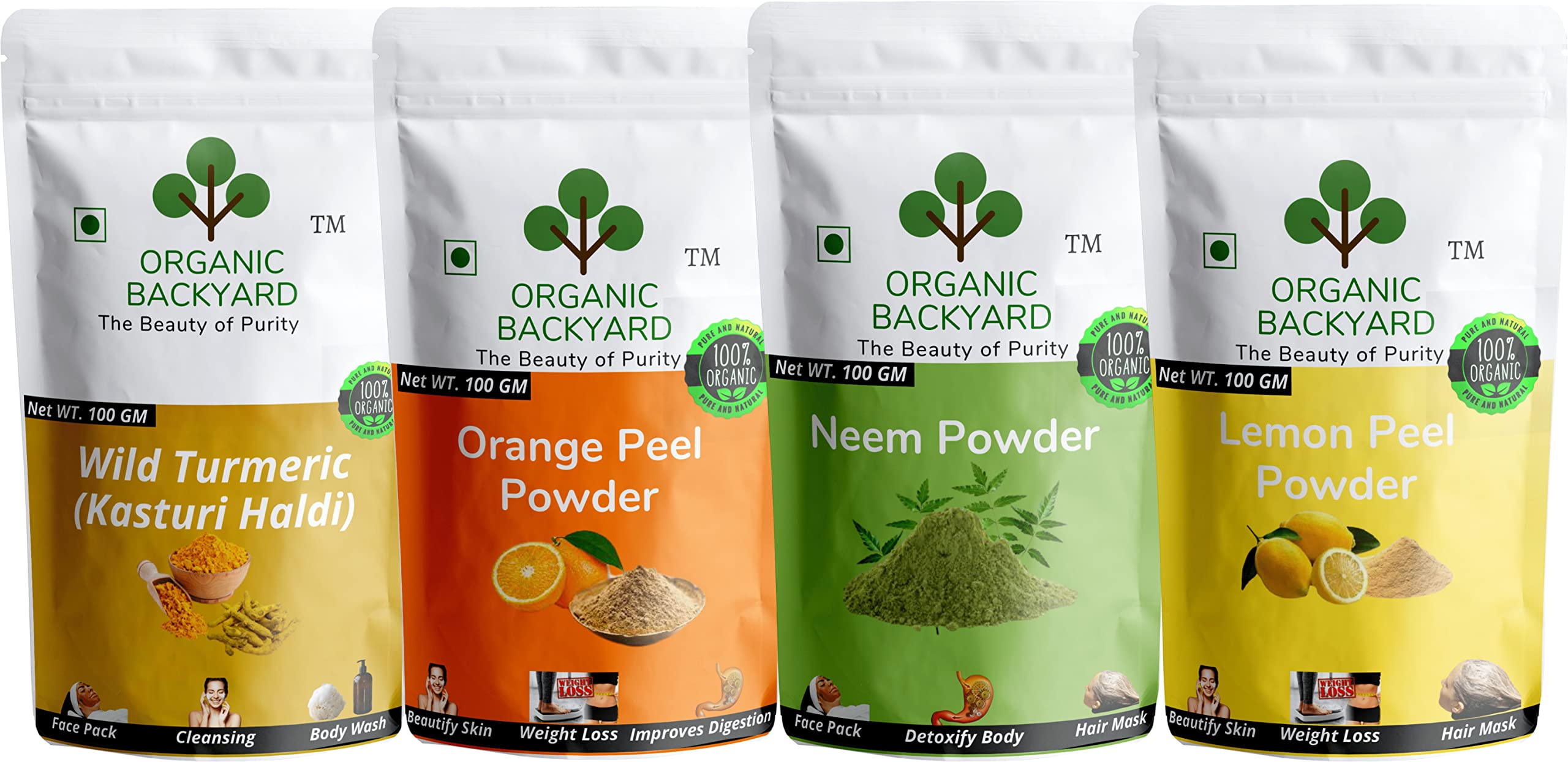 100% Natural Organic Wild Turmeric, Orange Peel, Neem & Lemon Peel Powder Combo - Brightening & Acne-Fighting Face Mask for Glowing Skin | DIY Skincare, Ayurvedic Beauty Treatment