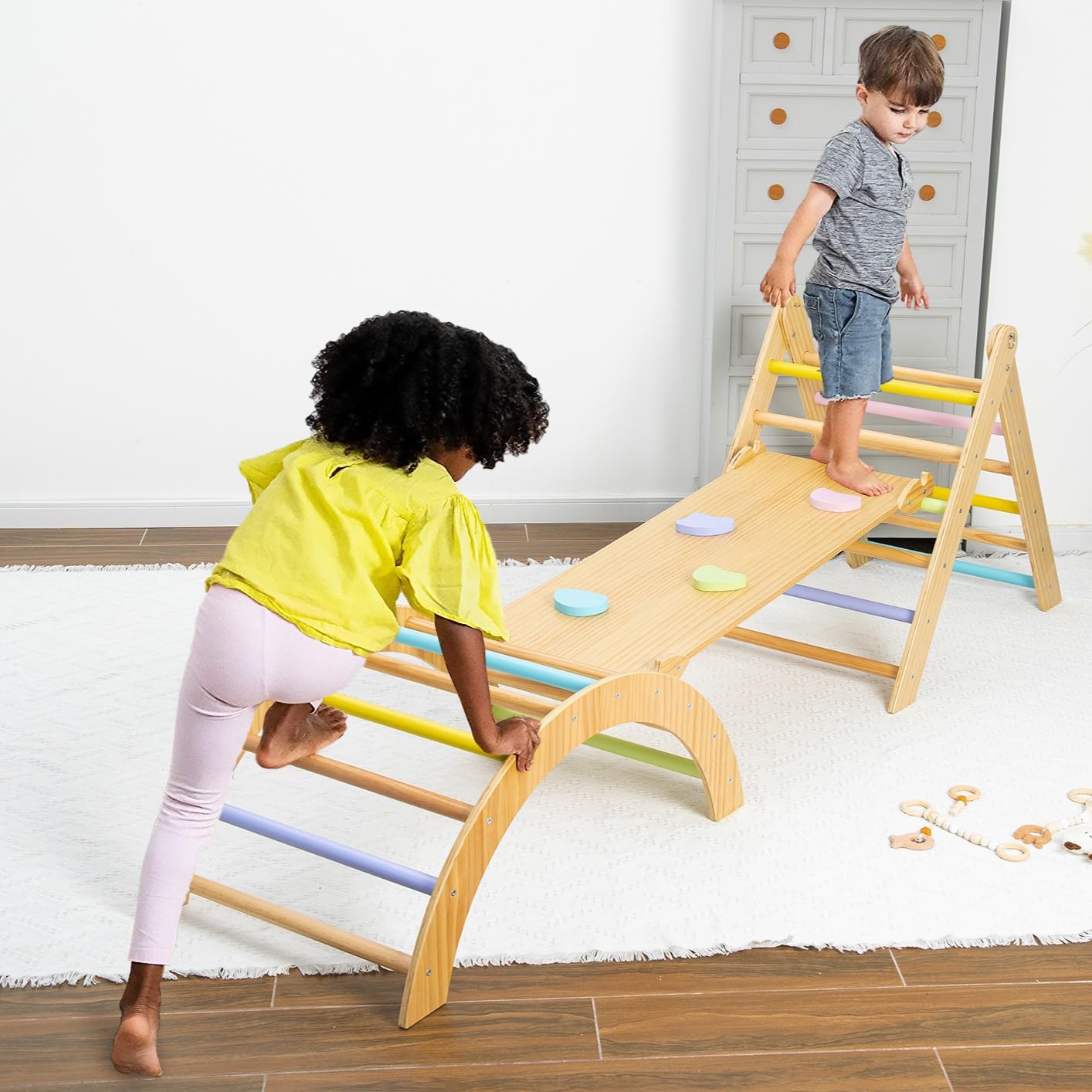 Avenlur Cedar 5-in-1 Wooden Indoor Gym Playset - Montessori Climber with Adjustable Triangle Ladder, Ramp, Arch Climber, Rocker, Slide & Puzzle Wall - Toddler Playset for Ages 18 Months to 4 Years (Colorful) - Perfect for Indoor Playrooms, Daycare Centers & Montessori Learning Environments