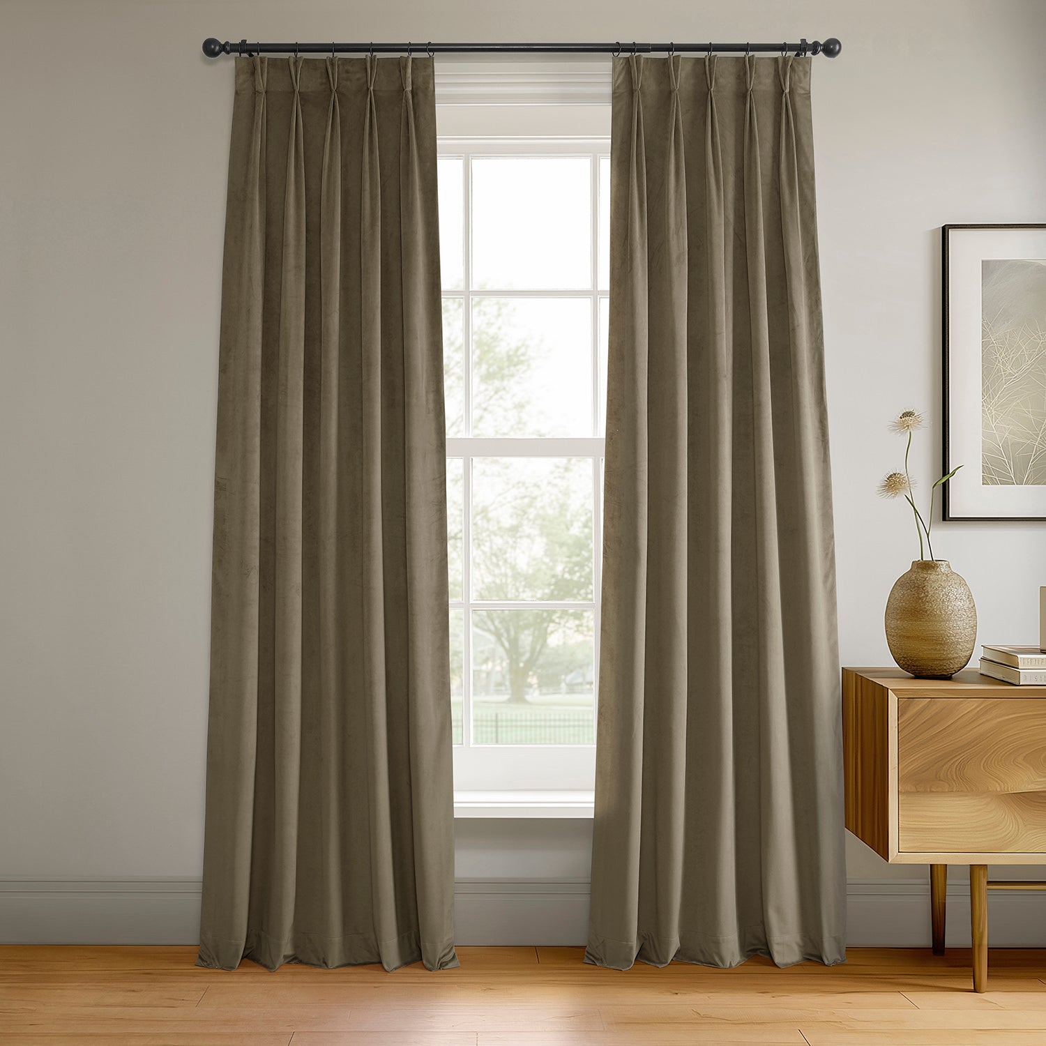 Denver Taupe Blackout Curtains - French Pleat Velvet Drapes for Bedroom & Living Room, Thermal Insulated Light Blocking Window Treatments for Home Decor