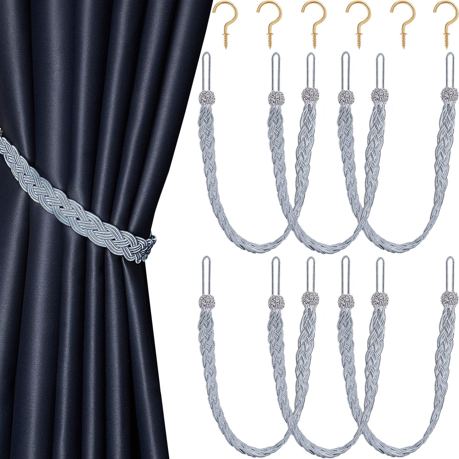Braided Curtain Tiebacks with Hooks - Grey for Window Decor