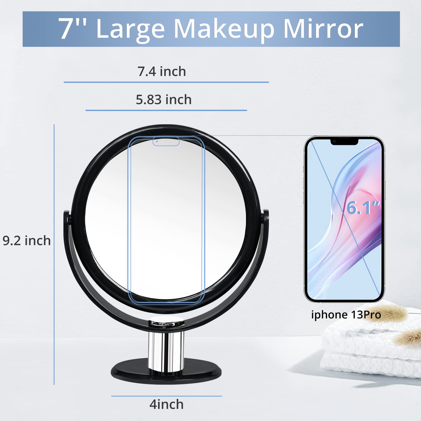 Fabuday 7 Inch Double Sided Magnifying Makeup Mirror - 1x & 10x Magnification, Adjustable Tabletop Vanity Mirror with Stand for Precise Makeup Application, Eyebrow Tweezing & Skincare - Black