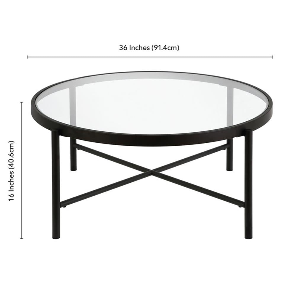 Pemberly Row 36-Inch Round Metal Coffee Table with Glass Top in Black & Bronze - Perfect for Living Room, Lounge, and Office Decor