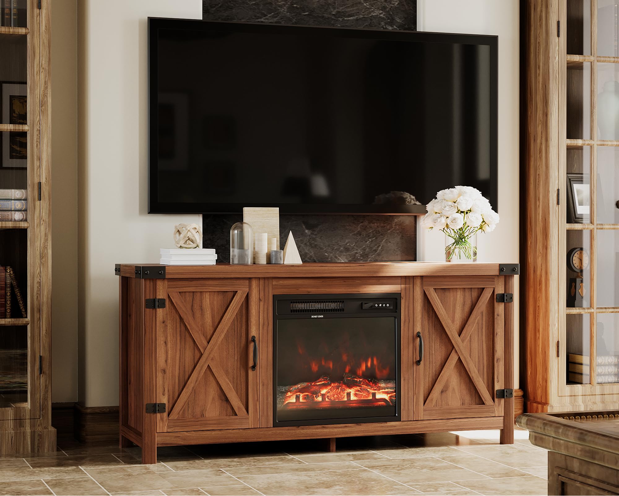 JUMMICO 65+ Inch Fireplace TV Stand with Double Barn Doors - Farmhouse Entertainment Center with Electric Fireplace & Storage Shelves - Rustic Walnut Finish for Living Room, Bedroom & Home Theater