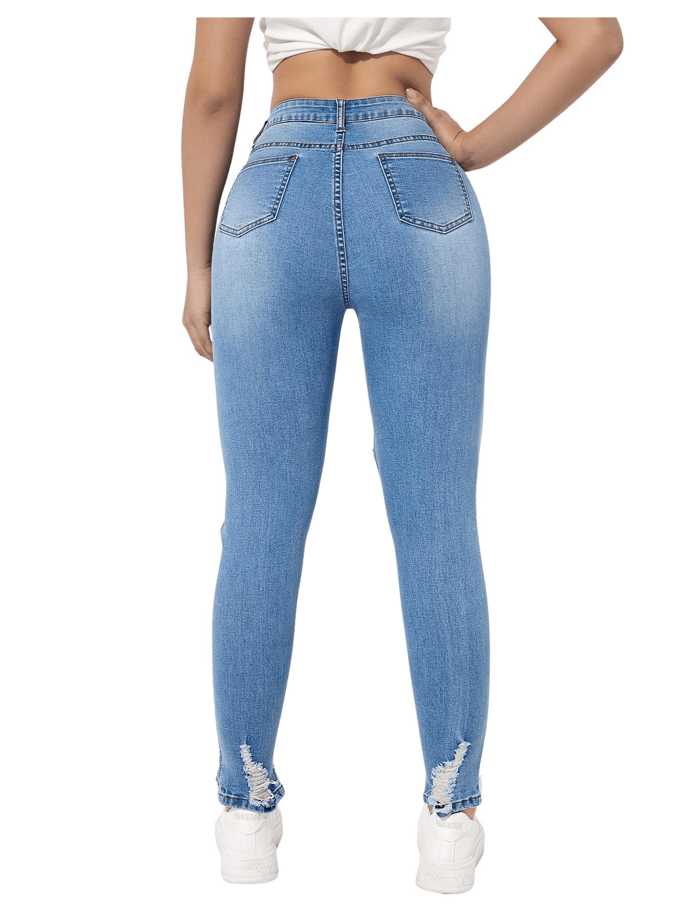 WDIRARA Women's High Waisted Ripped Raw Hem Skinny Jeans - Distressed Denim Pants with Cut Out Details | Perfect for Casual Outfits, Street Style & Everyday Wear