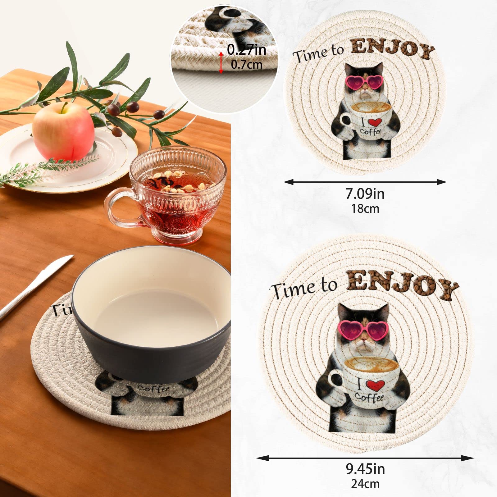 Funny Cat Coffee Quote Pot Holders & Trivets Set of 2 - Heat Resistant Kitten Cotton Weave Trivet Mats for Hot Pans, Bowls & Teapots - Perfect for Kitchen Decor & Coffee Lovers' Gift