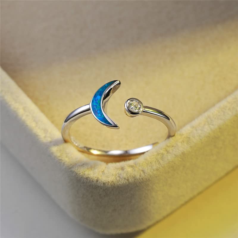 Elegant Blue White Opal Moon Ring - 925 Sterling Silver Minimalist Engagement Ring for Women | Promise Love Wedding Jewelry | Perfect for Bridal, Anniversary & Romantic Gifts