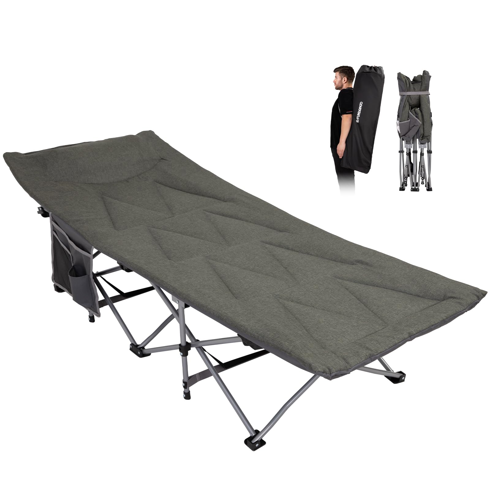 FUNDANGO Heavy Duty Camping Cot for Adults - Portable Folding Camp Bed with Padded Mattress & Carry Bag - Perfect for Outdoor Travel, Hiking, Backpacking & Emergency Preparedness - Gray