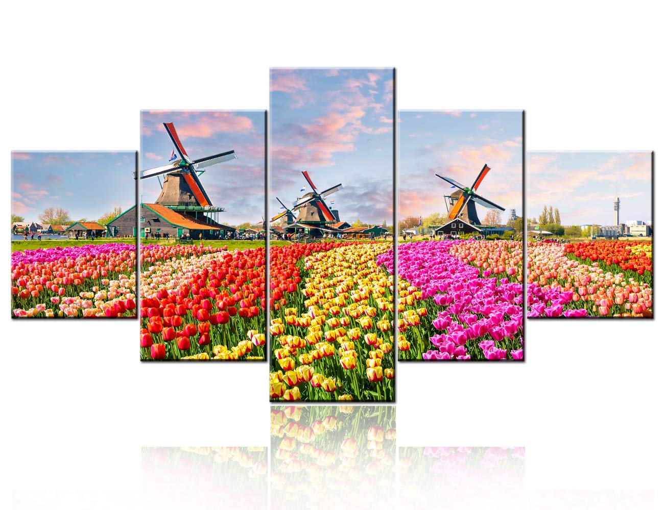 Dutch Windmill Tulip Field Landscape Art - 5-Piece Canvas Wall Decor Set (60