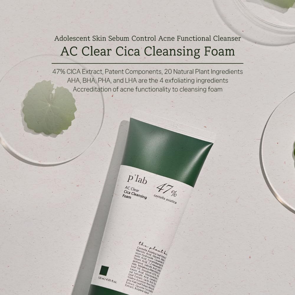 THE PLANT BASE AC Clear Cica Cleansing Foam 120ml | Acne Treatment Face Wash with 47% Centella Asiatica | AHA+BHA+PHA+LHA Exfoliating Formula | Vegan Korean Skincare | Perfect for Sensitive & Acne-Prone Skin | Morning & Night Cleansing Routine