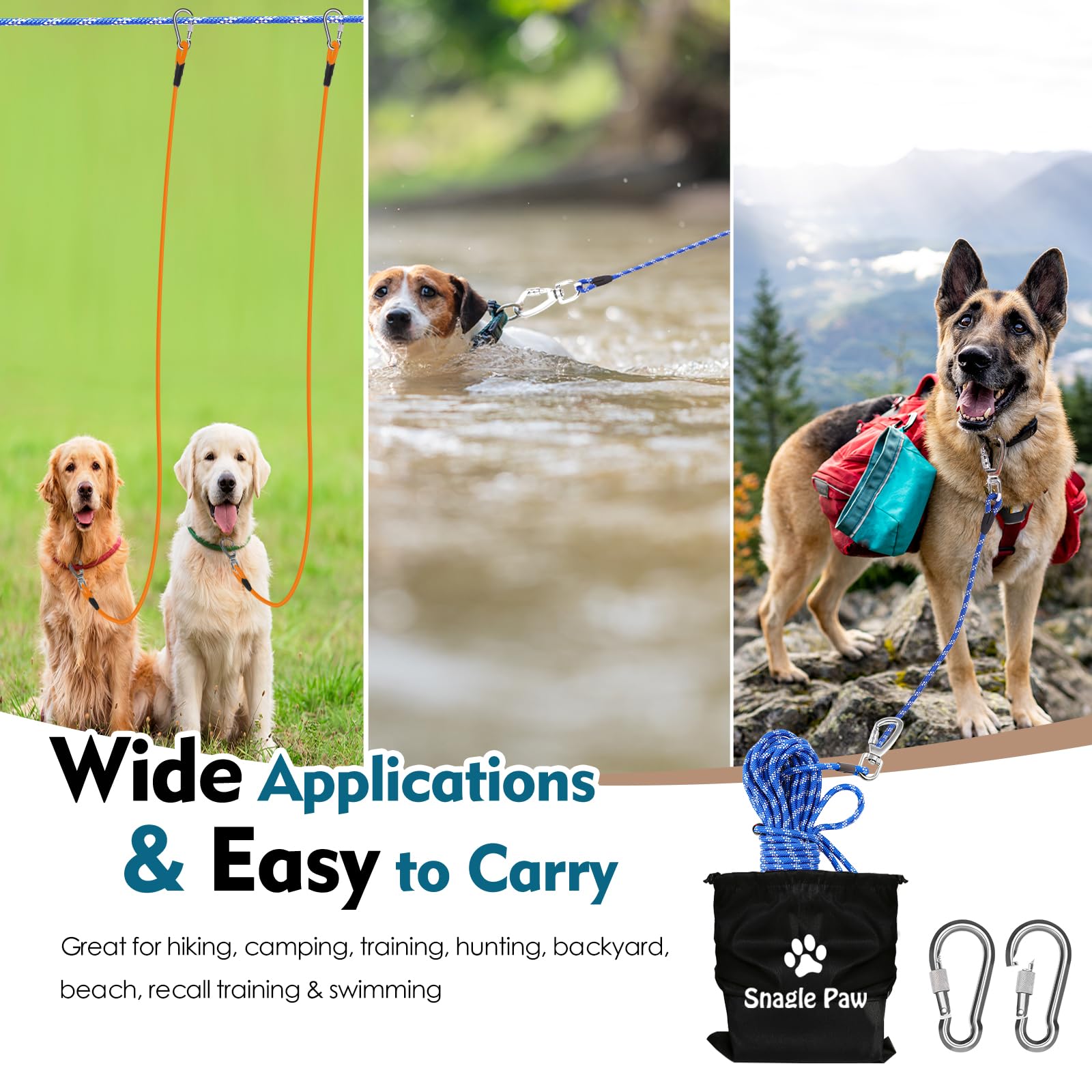 Snagle Paw 200FT Heavy Duty Dog Runner Leash - 3-in-1 Reflective Dog Tie Out Cable for Small, Medium & Large Dogs - Outdoor Training Lead for Yard, Park, Camping & Backyard (Blue, 2 Dog Pack) - Perfect for Secure Playtime, Exercise & Outdoor Adventures
