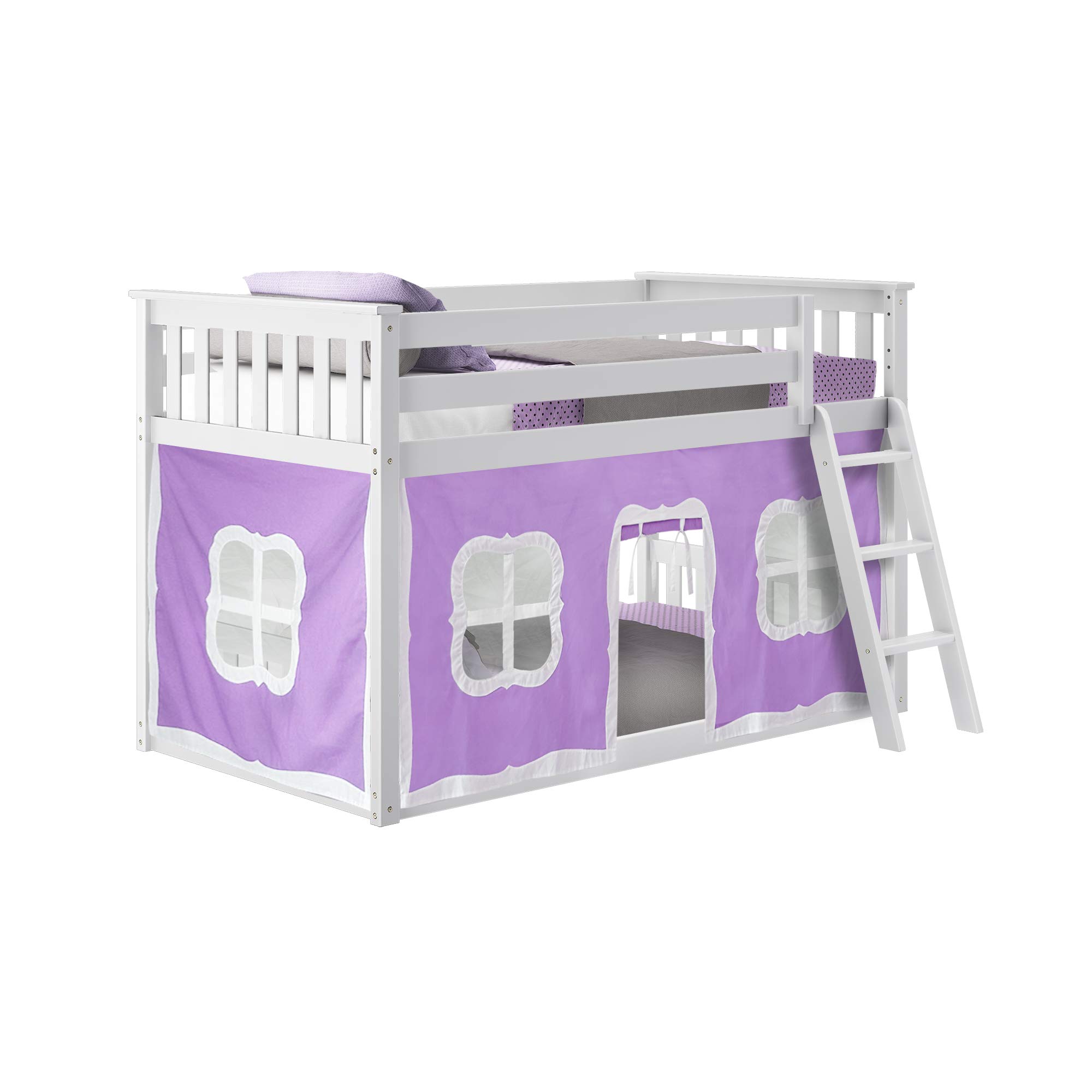 Max & Lily Low Bunk Bed with Curtains - Twin Over Twin Kids Bed Frame in White & Purple - Space-Saving Bedroom Solution for Siblings or Sleepovers