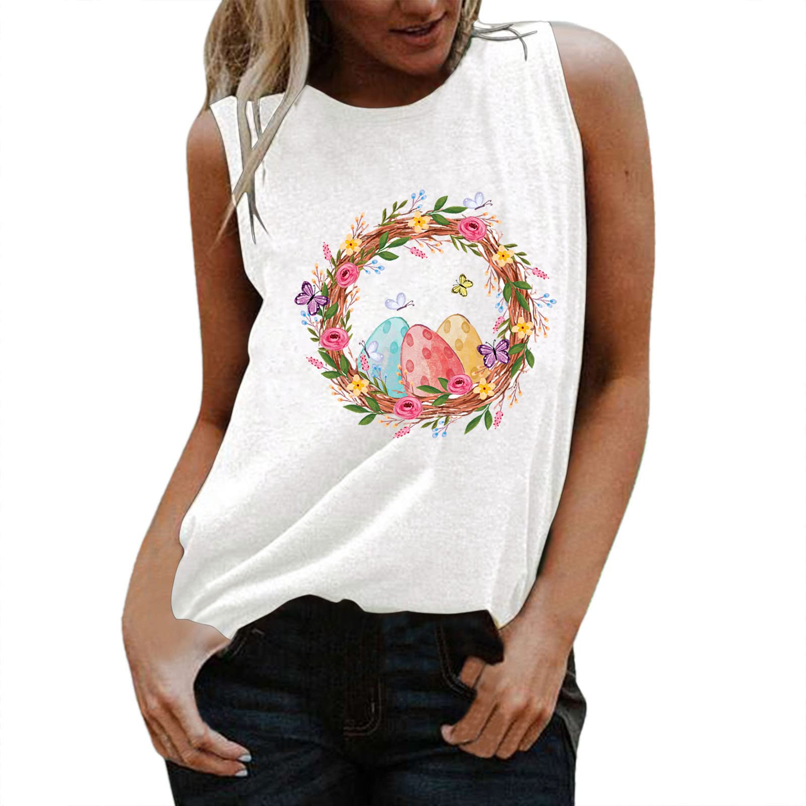 Women's Summer Sleeveless Tank Top - Casual Round Neck Tunic Blouse for Easter & Beach Wear | Breathable Comfort Tee for Outdoor Activities & Vacation