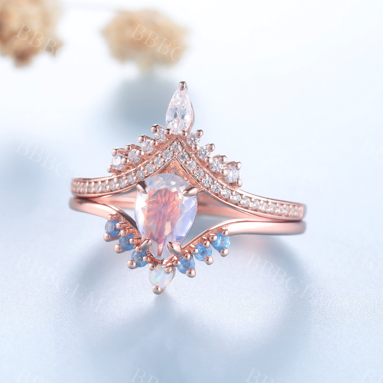Vintage Rose Gold Moonstone Engagement Ring Set - Antique Bridal Jewelry for Women, Wedding Proposal, Anniversary Gift, Boho Chic Style
