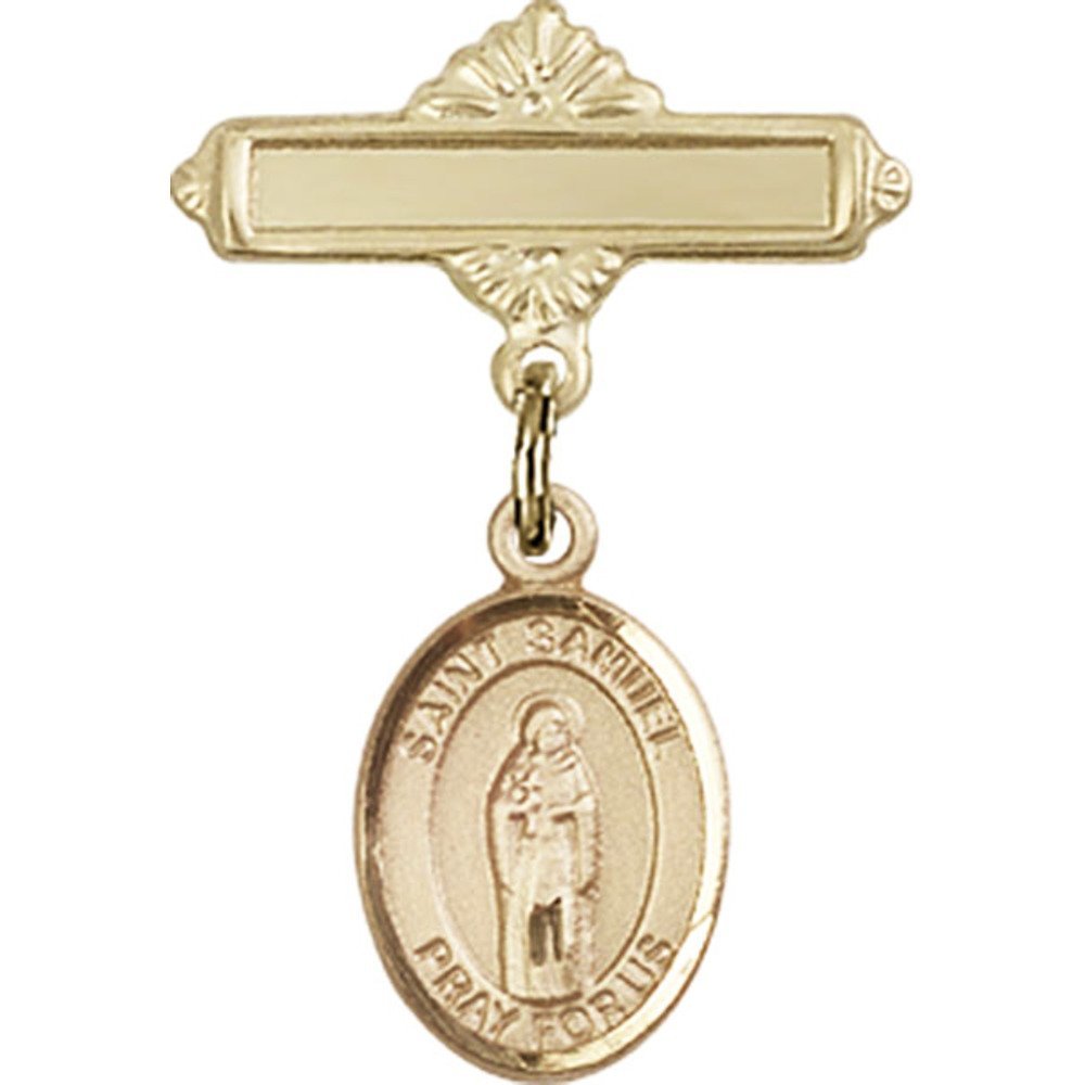 St. Samuel Gold Filled Baby Badge Charm - 1 X 5/8 Inch Polished Pin for Christening, Baptism & Baby Shower Gifts - Elegant Religious Jewelry for Newborns